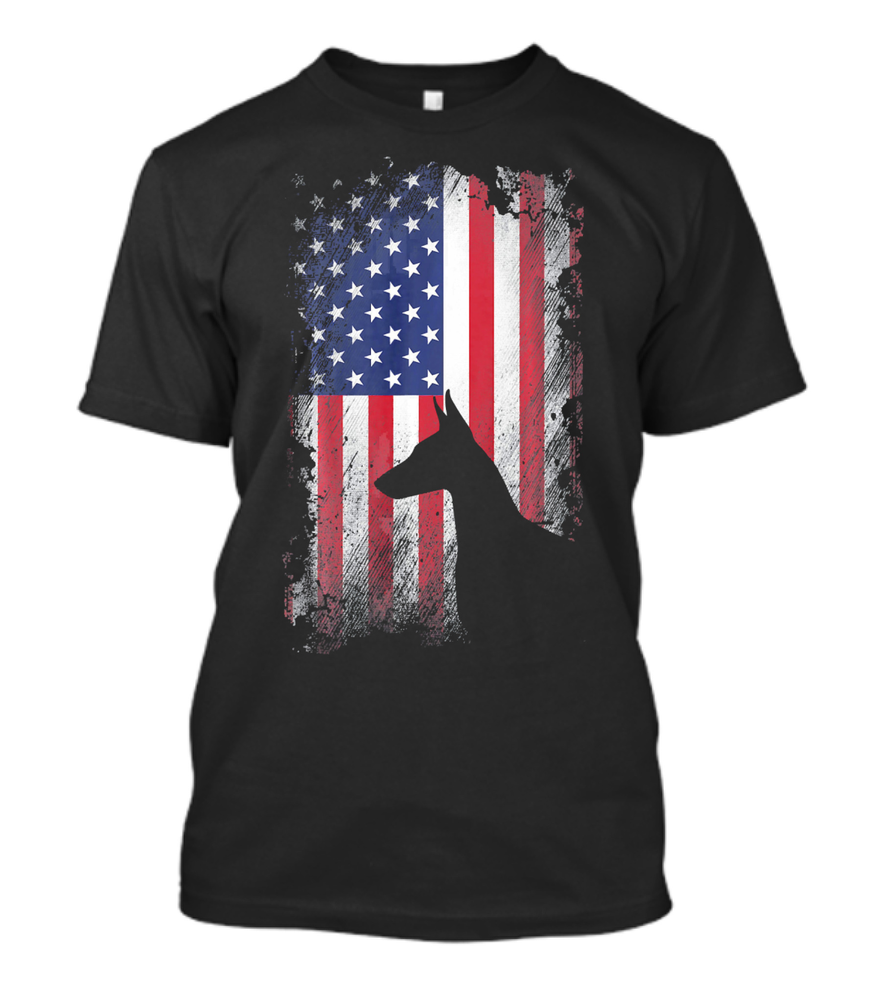 Doberman Pinscher Silhouette With American Flag Background T-Shirt