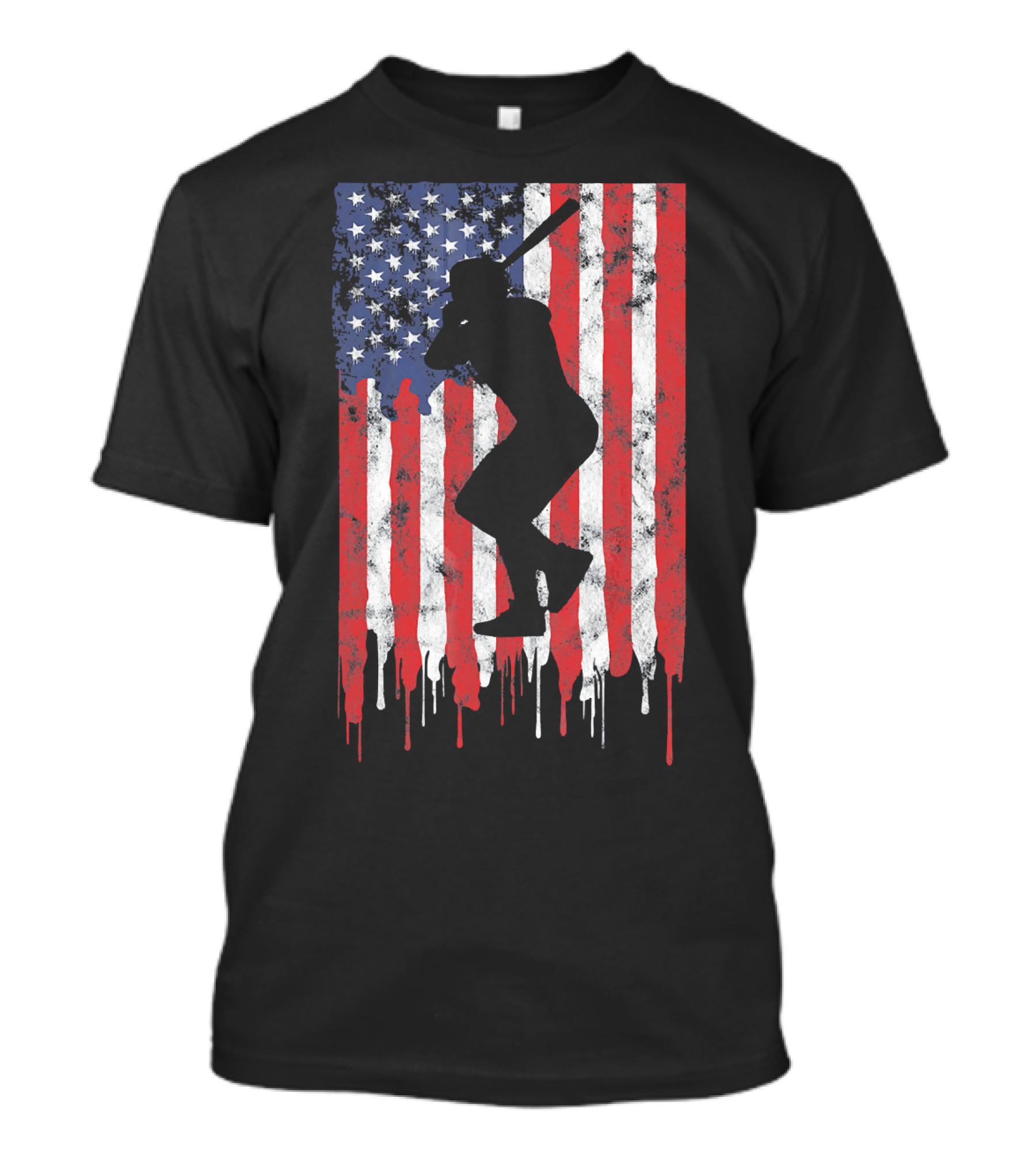 Vintage Baseball Batter Silhouette On Dripping American Flag Background T-Shirt