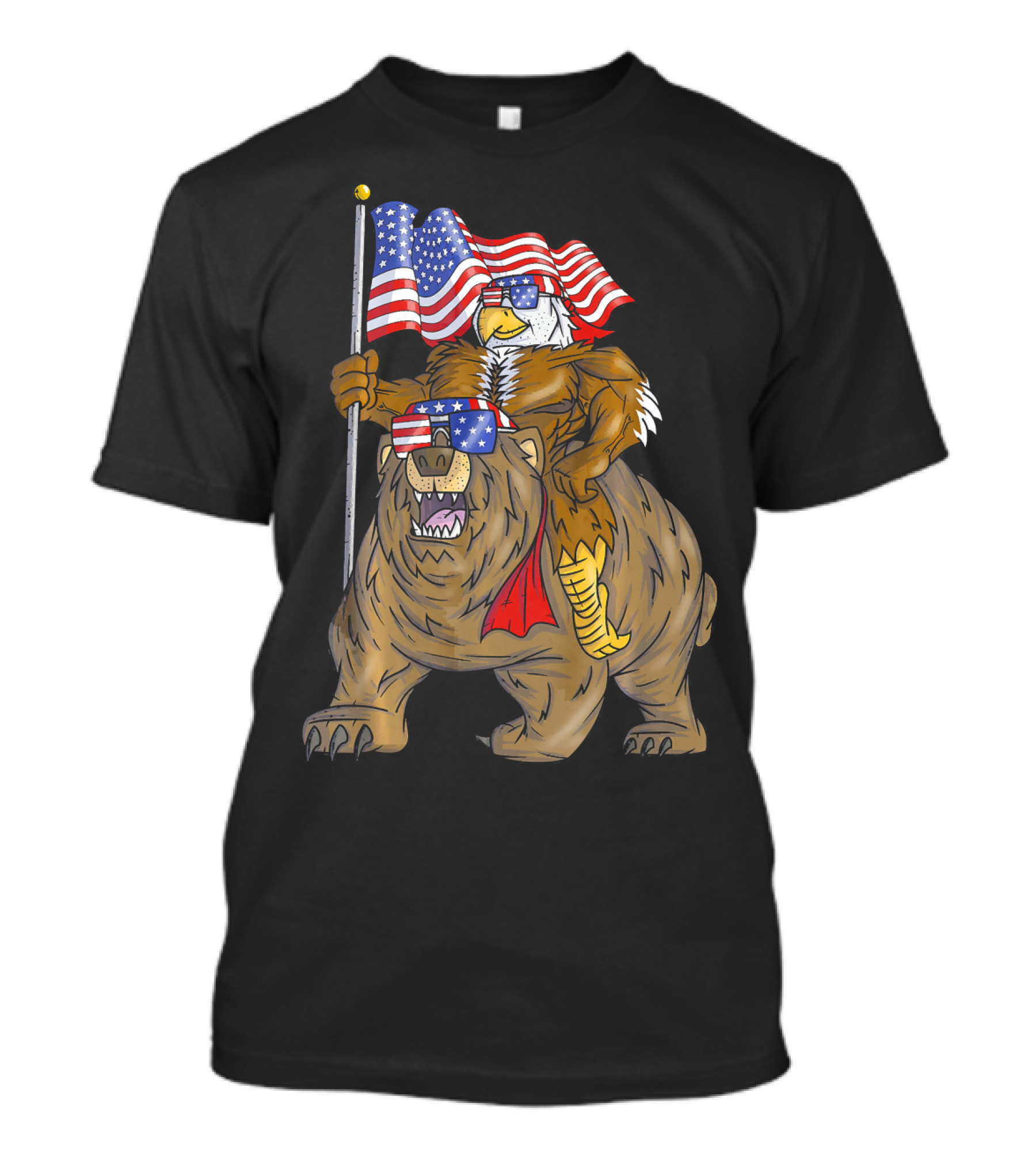 American Flag-Waving Bald Eagle Riding Bear With Sunglasses T-Shirt