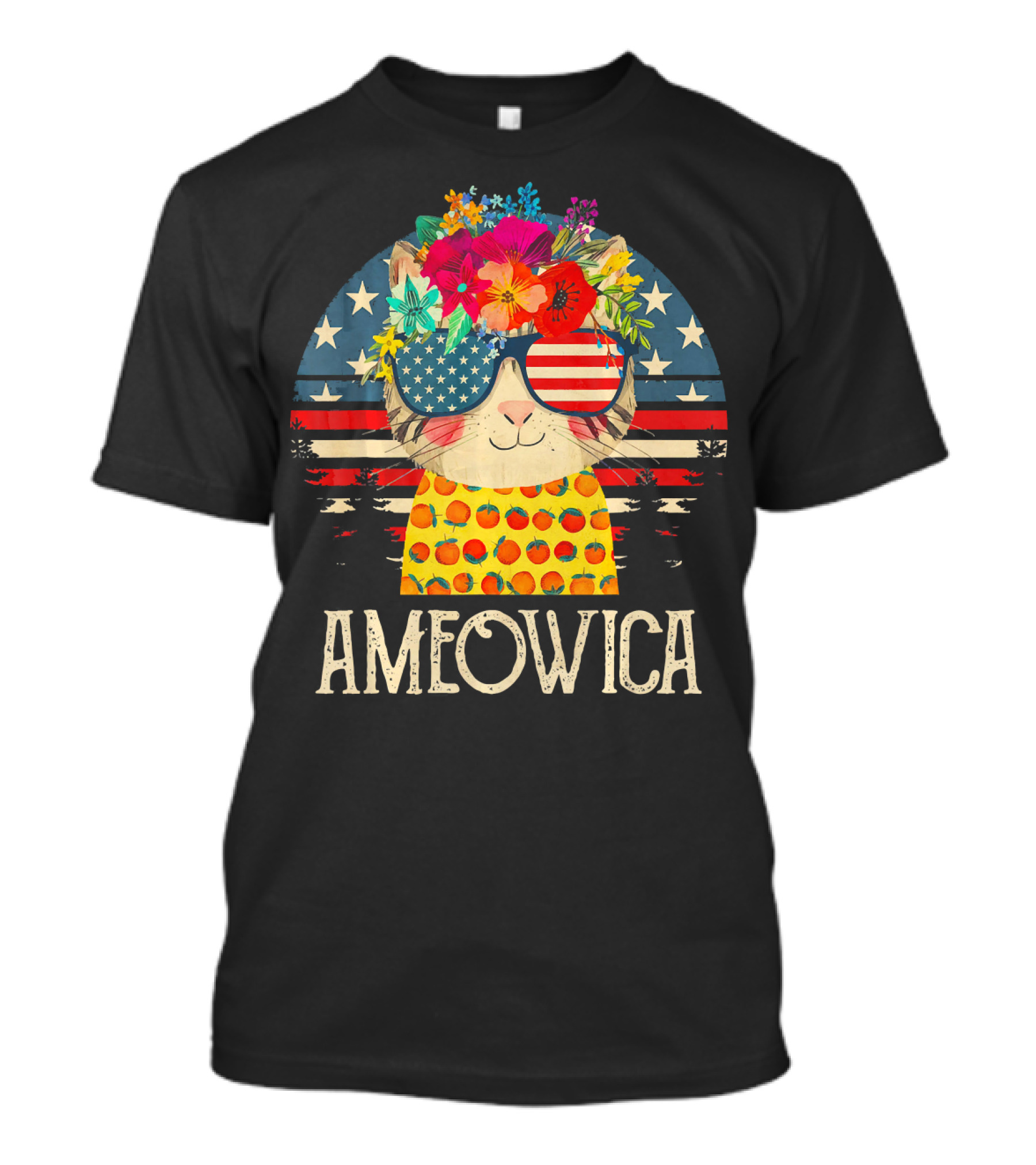 Ameowica Cute Cat With American Flag Glasses And Floral Crown T-Shirt