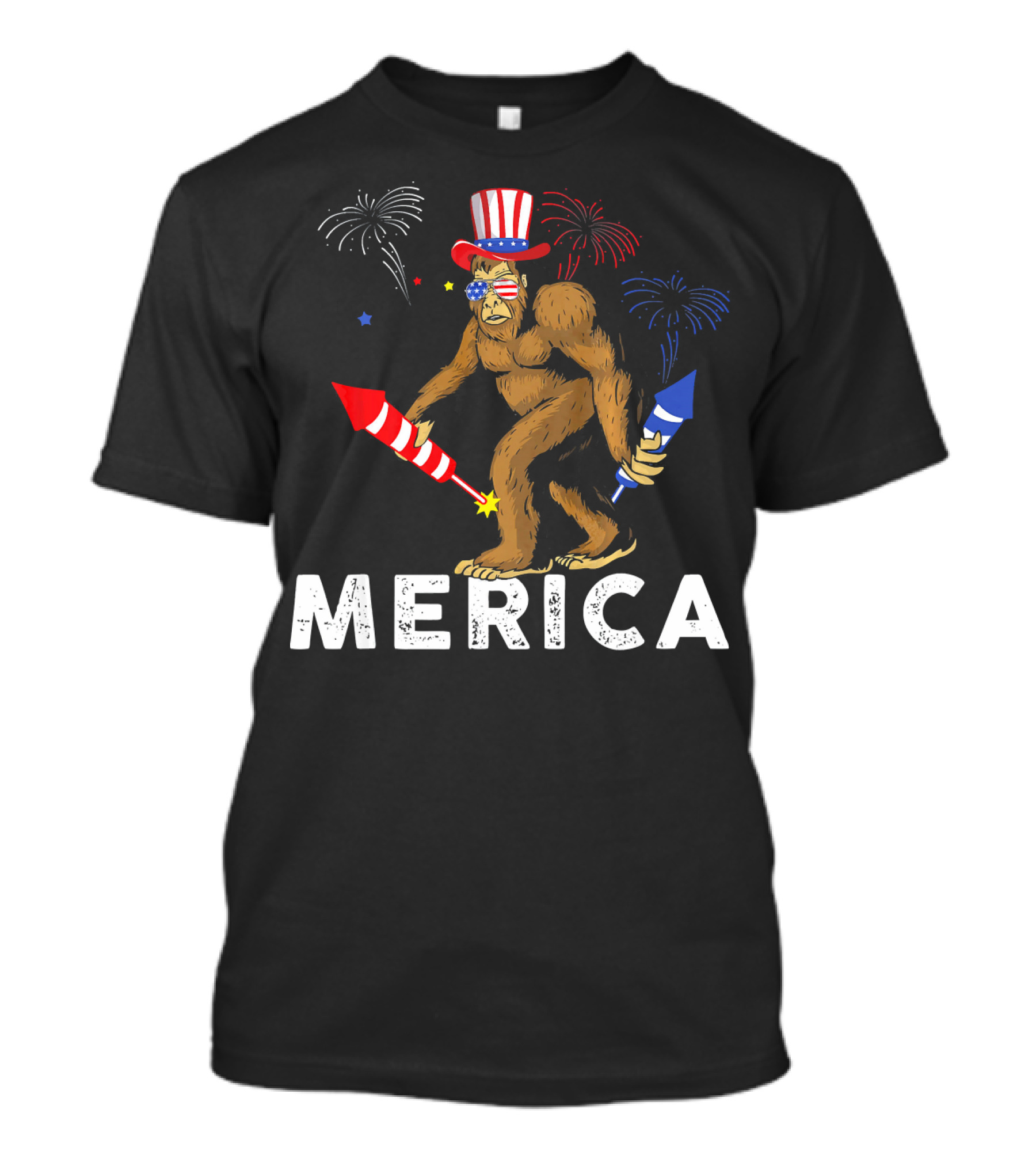 Bigfoot Merica Fireworks Patriotic Hat Independence Day T-Shirt