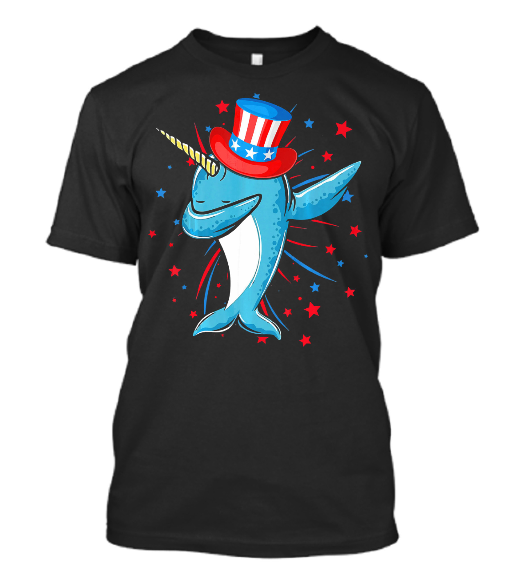 Dabbing Narwhal With Stars And Stripes Hat Firework Background T-Shirt