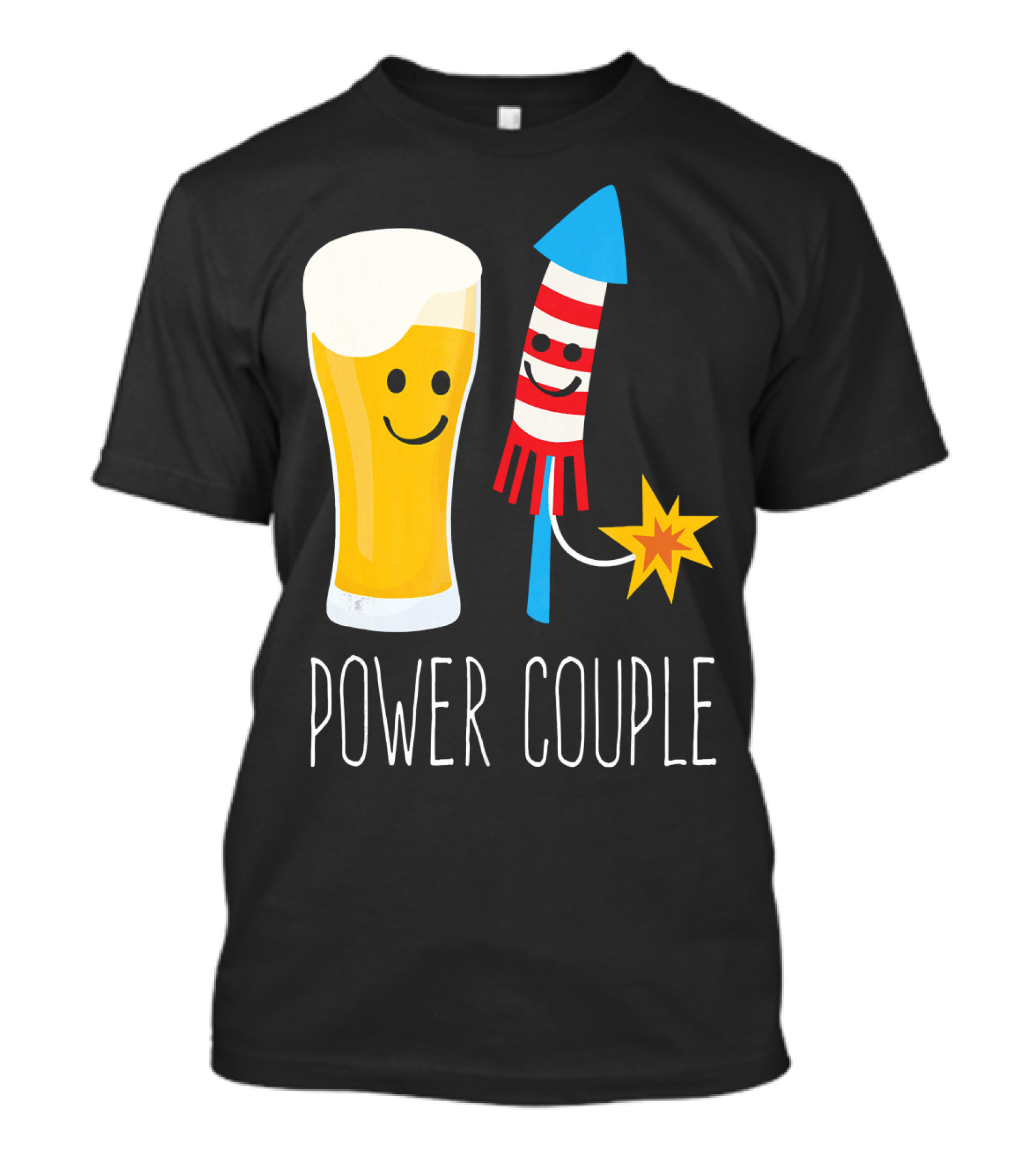 Beer And Fireworks Power Couple Smiling Glass And Rocket T-Shirt