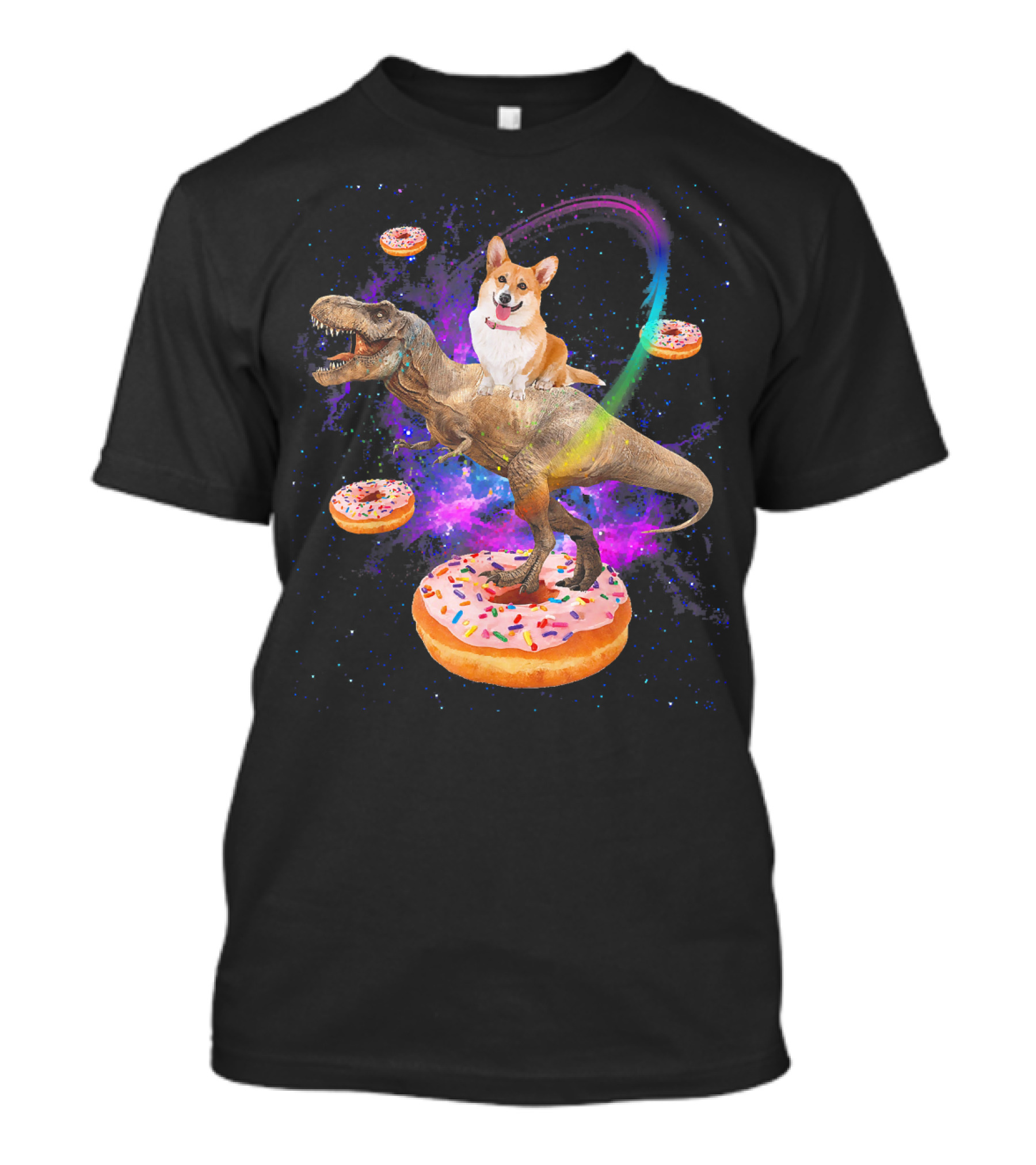 Space Corgi Riding Dinosaur Rex With Floating Donuts In Galaxy T-Shirt
