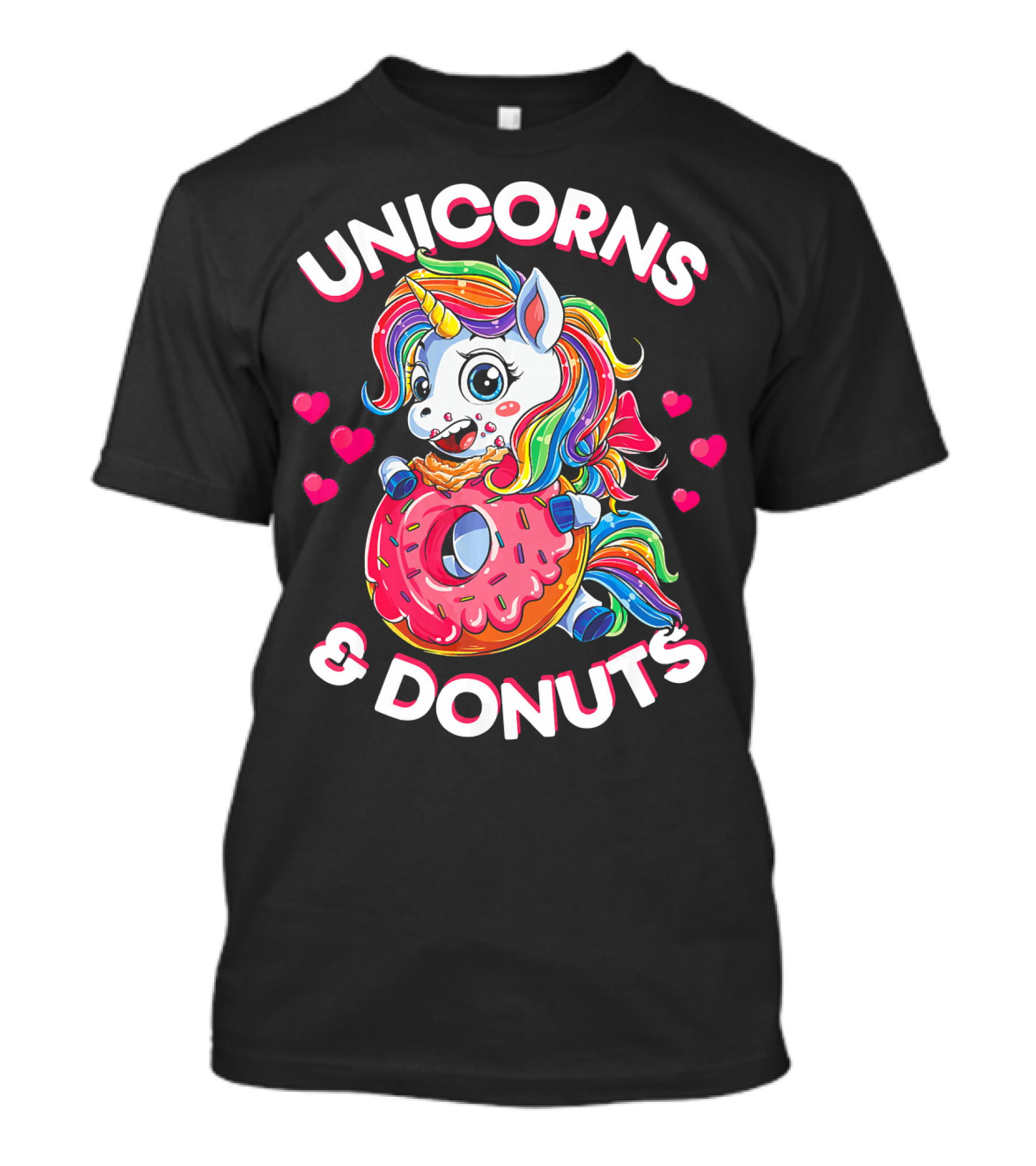 UNICORNS And DONUTS Rainbow Unicorn Eating Donut Surrounded By Hearts T-Shirt