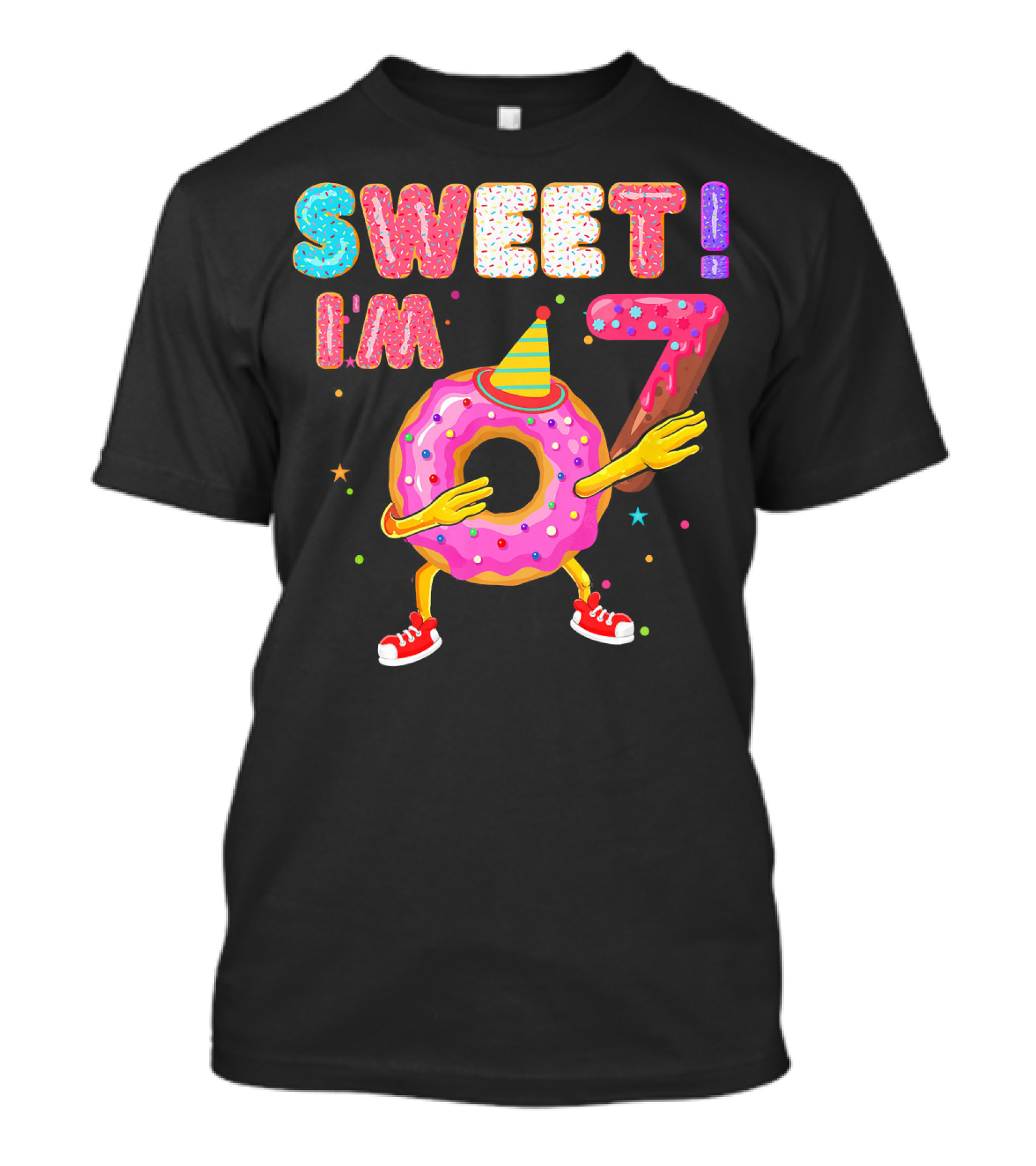Sweet I'm 7 Birthday Donut Party Hat Fun T-Shirt