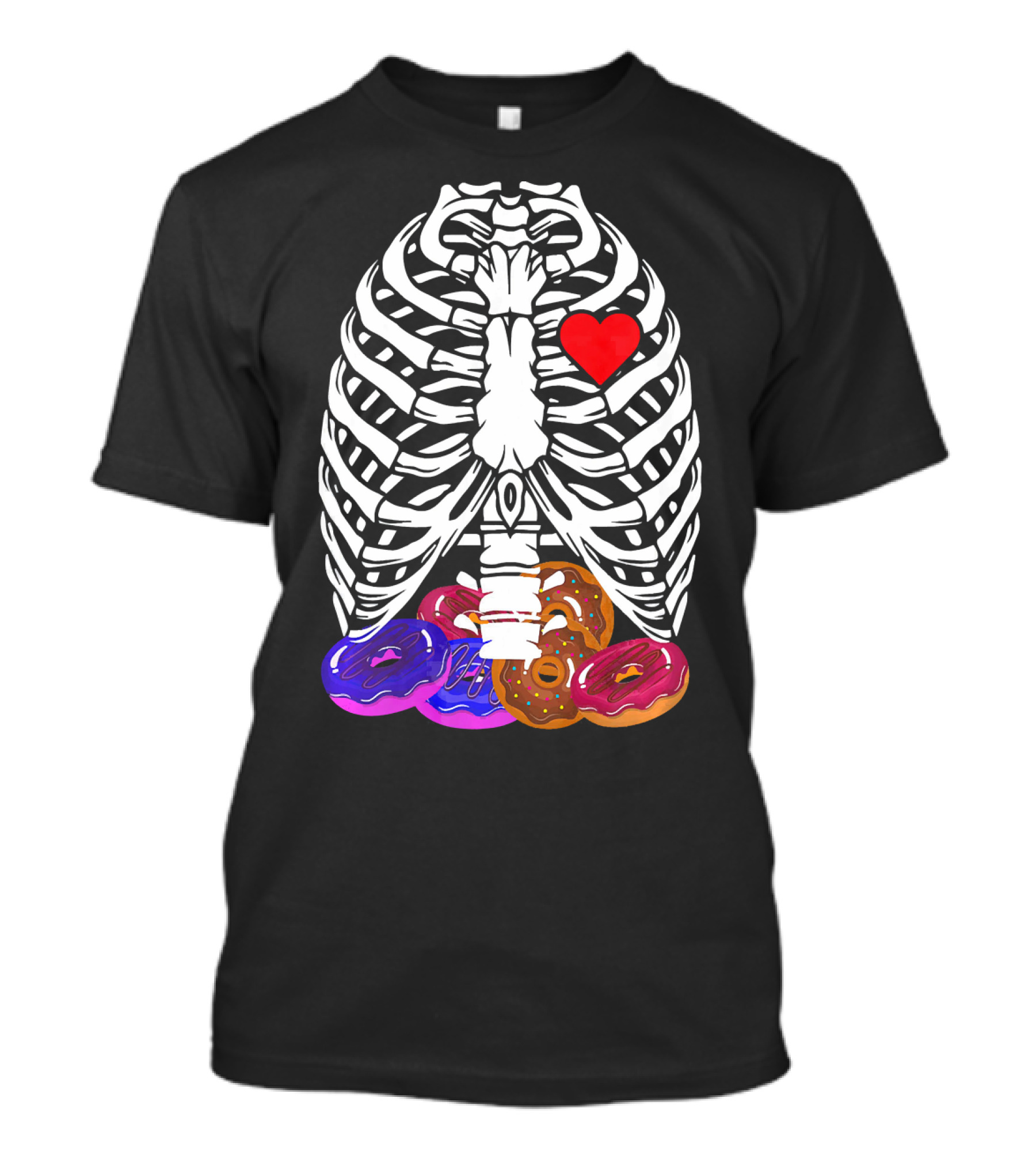 Funny Halloween Rib Cage Skeleton With Heart And Colorful Donuts T-Shirt