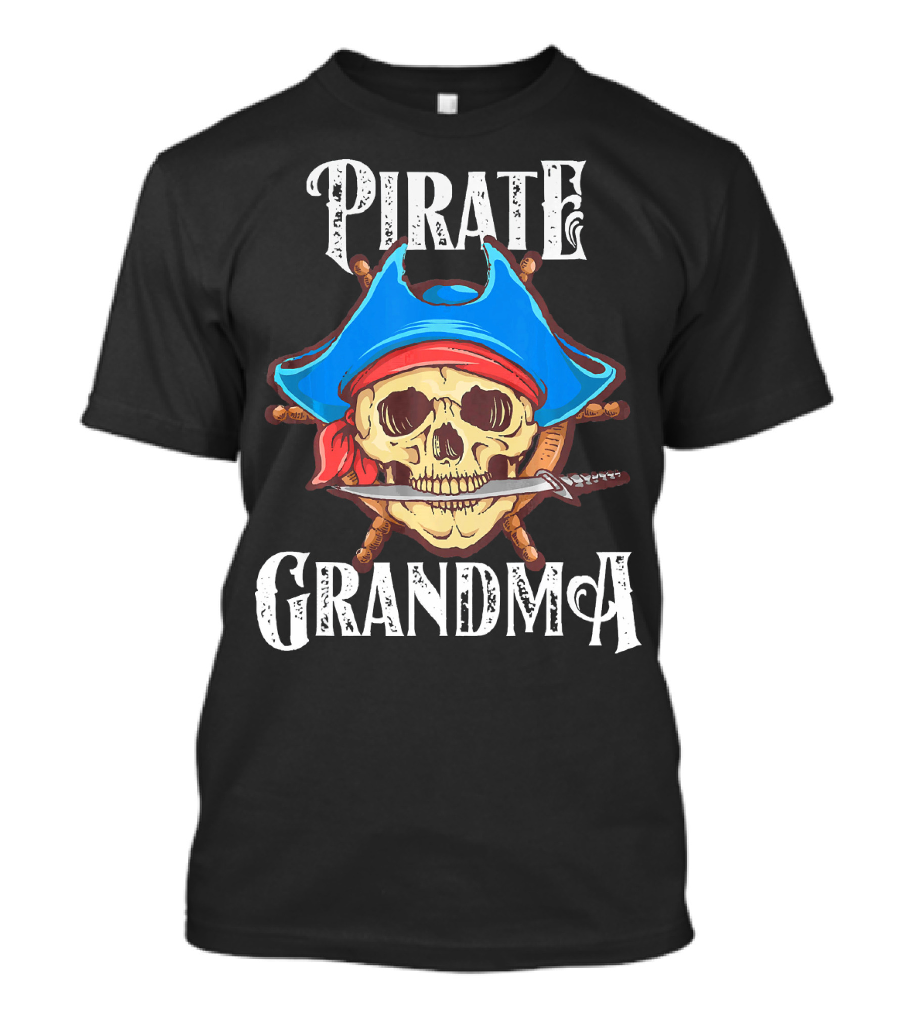 Pirate Grandma Skull With Blue Hat And Sword T-Shirt