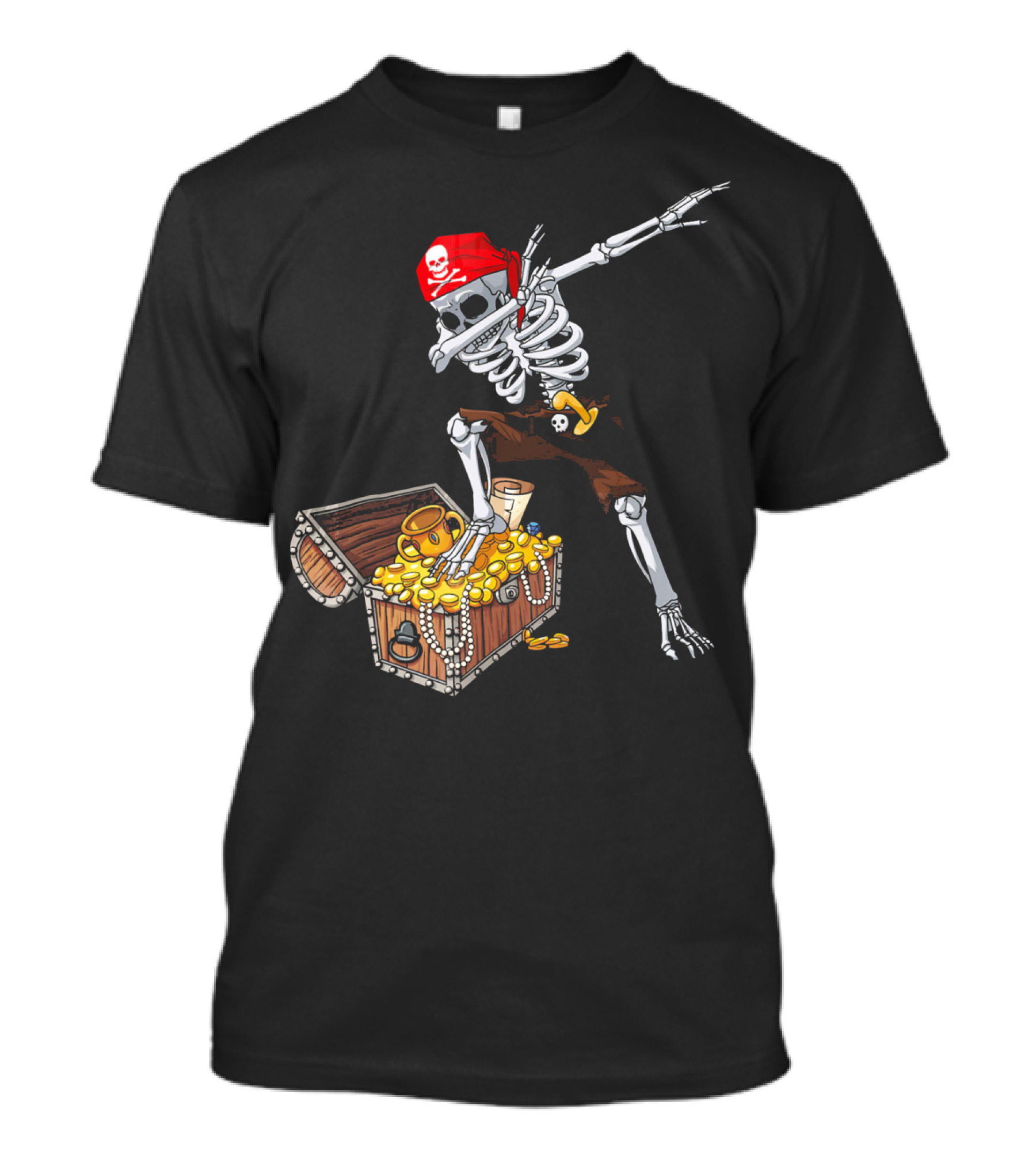 Dabbing Pirate Skeleton With Treasure Chest And Red Skull Bandana T-Shirt