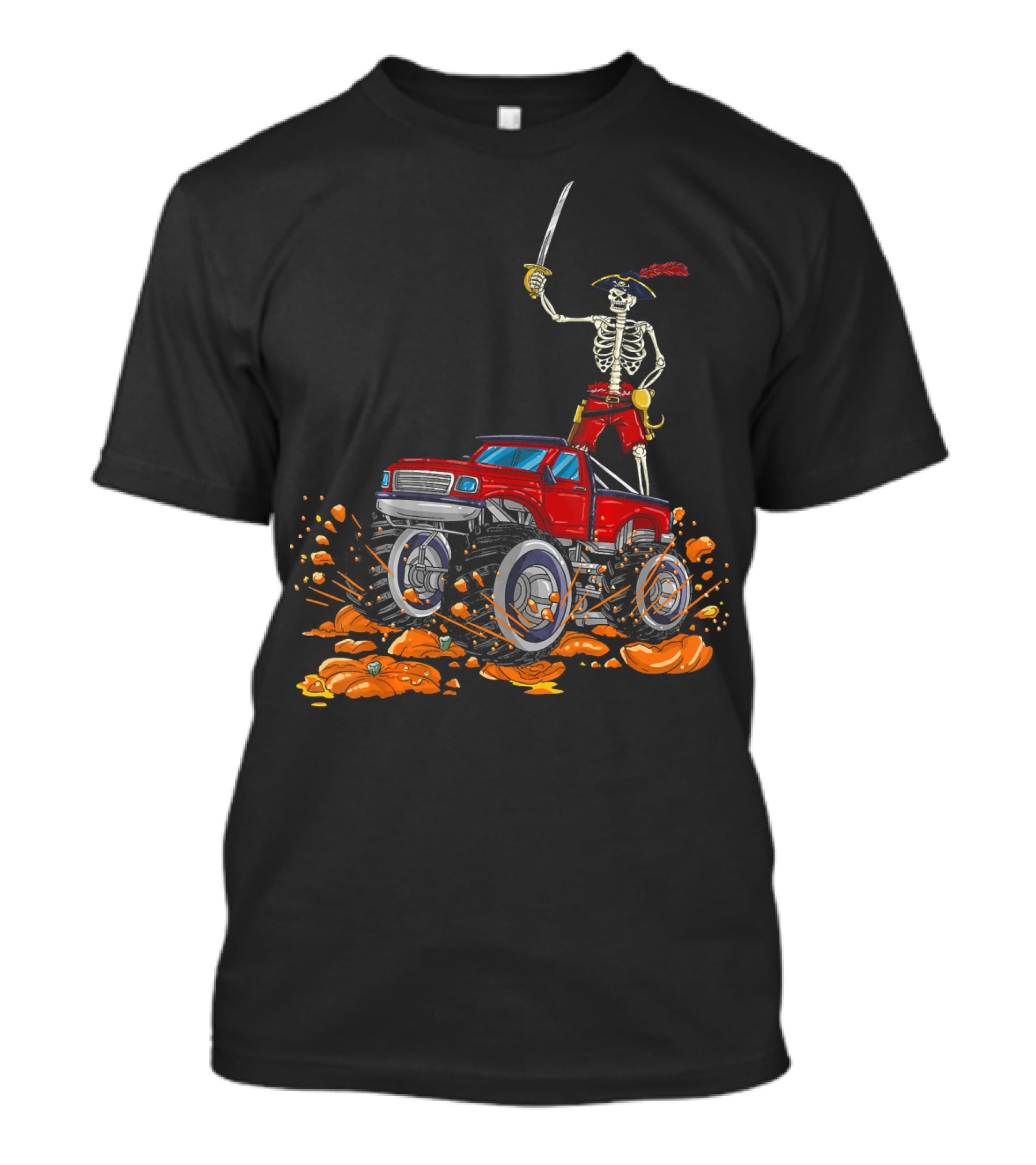 Halloween Skeleton Pirate Riding Monster Truck Over Pumpkins T-Shirt