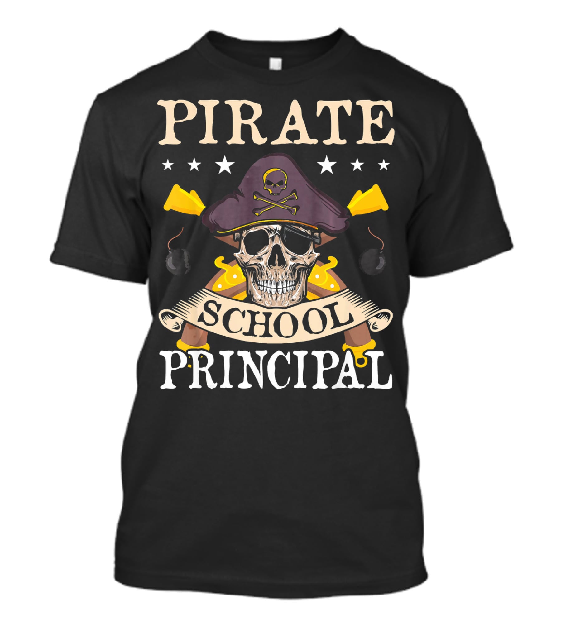 Pirate Skull Crossbones Hat School Principal Banner Swords Bombs T-Shirt