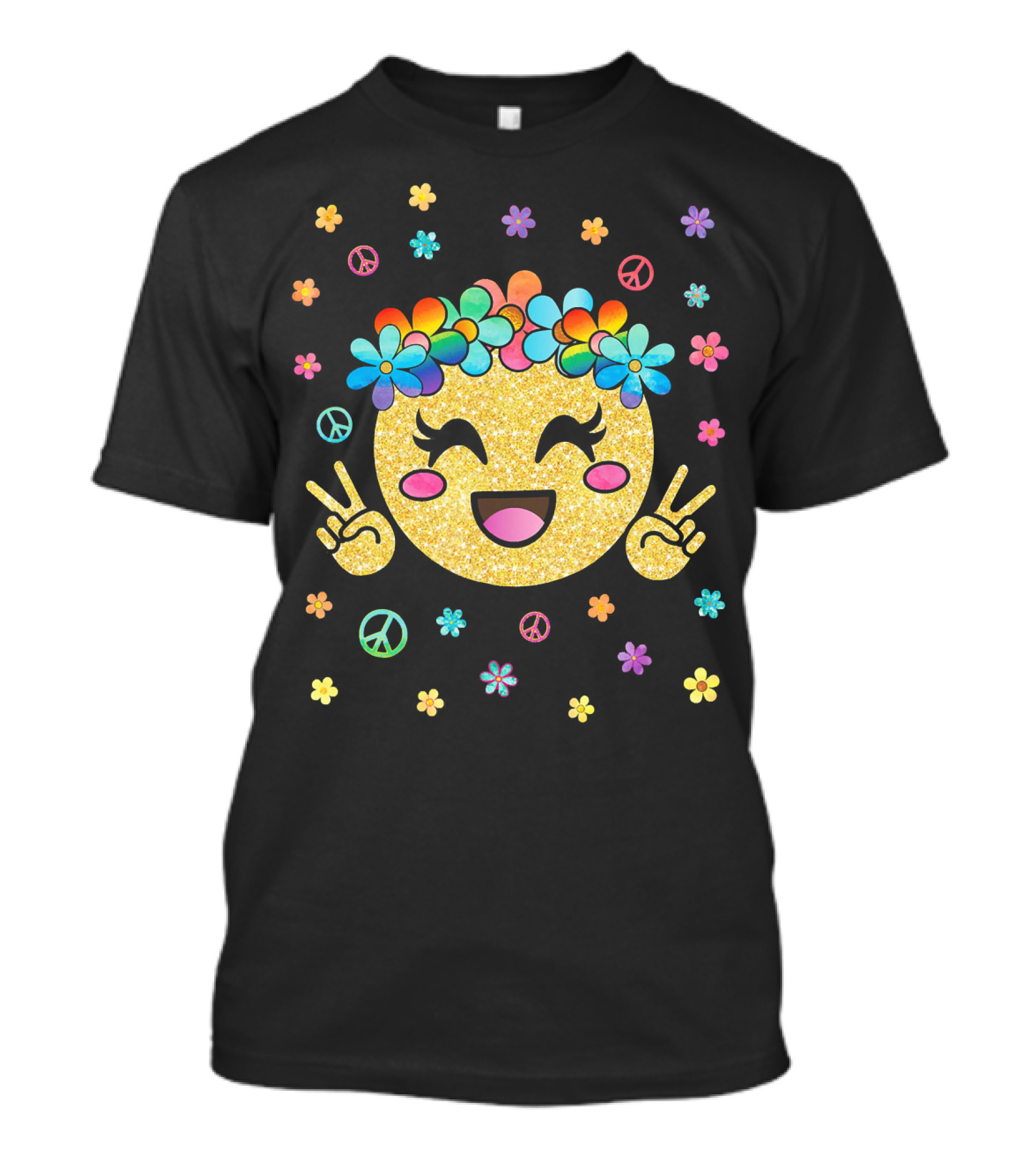 Emoji Kawaii Glitter Peace Rainbow Flower Crown T-Shirt