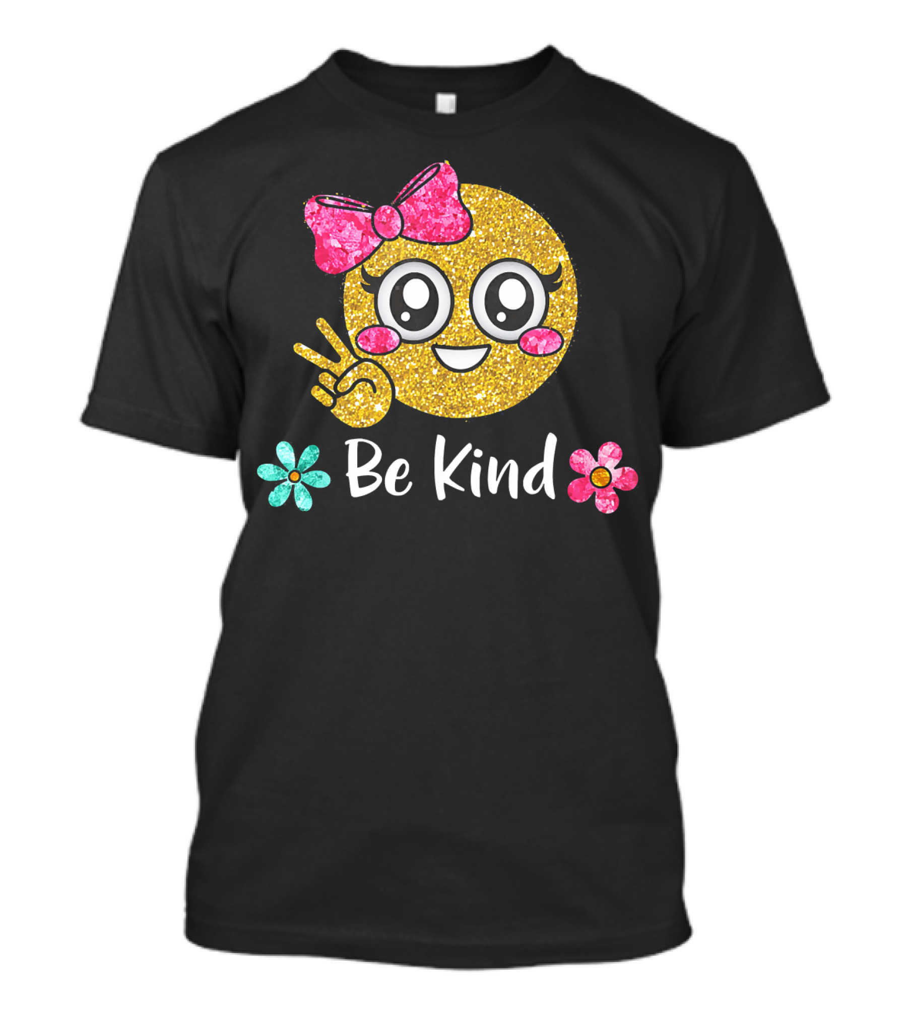 Be Kind Glitter Emoji Kawaii With Pink Bow And Flowers T-Shirt