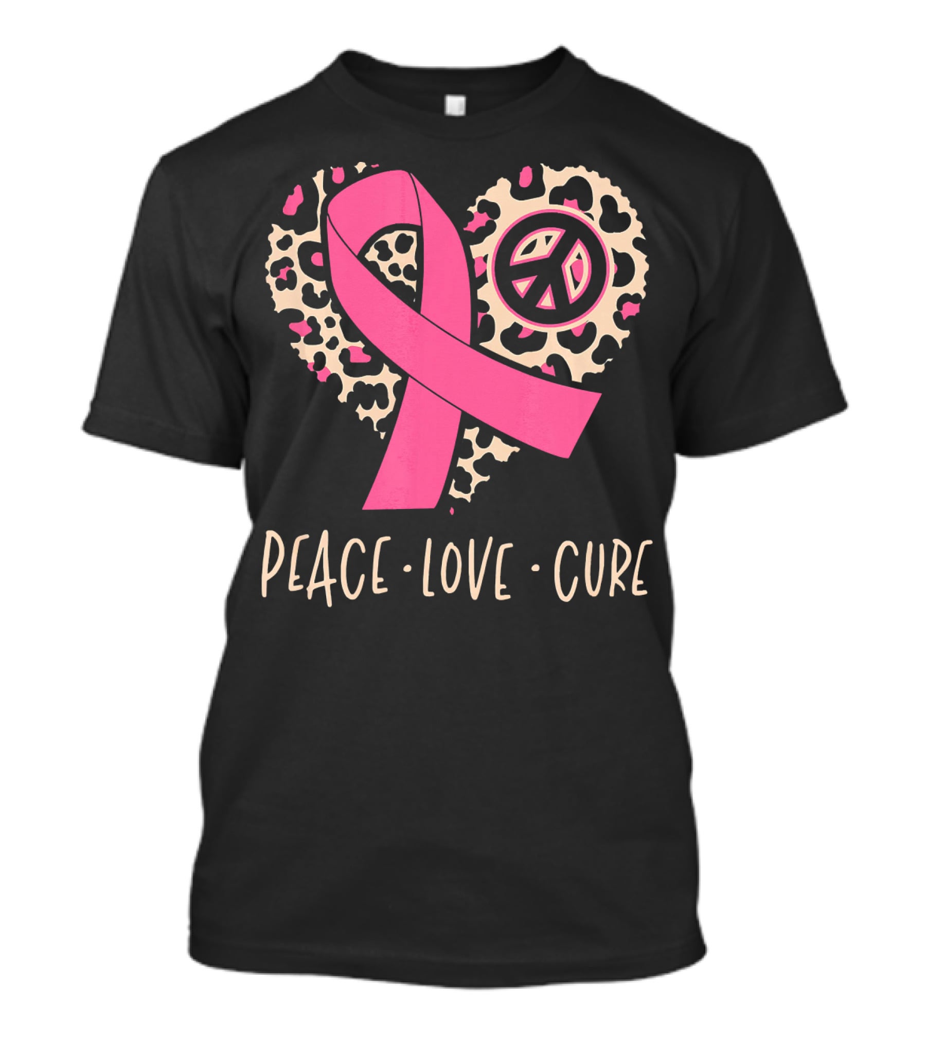 Peace Love Cure Pink Ribbon Leopard Breast Cancer Awareness T-Shirt