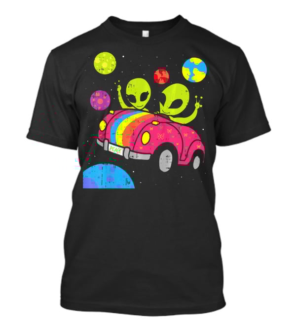 Hippie Alien Space Roadtrip With Peaceful Car And Colorful Planets T-Shirt