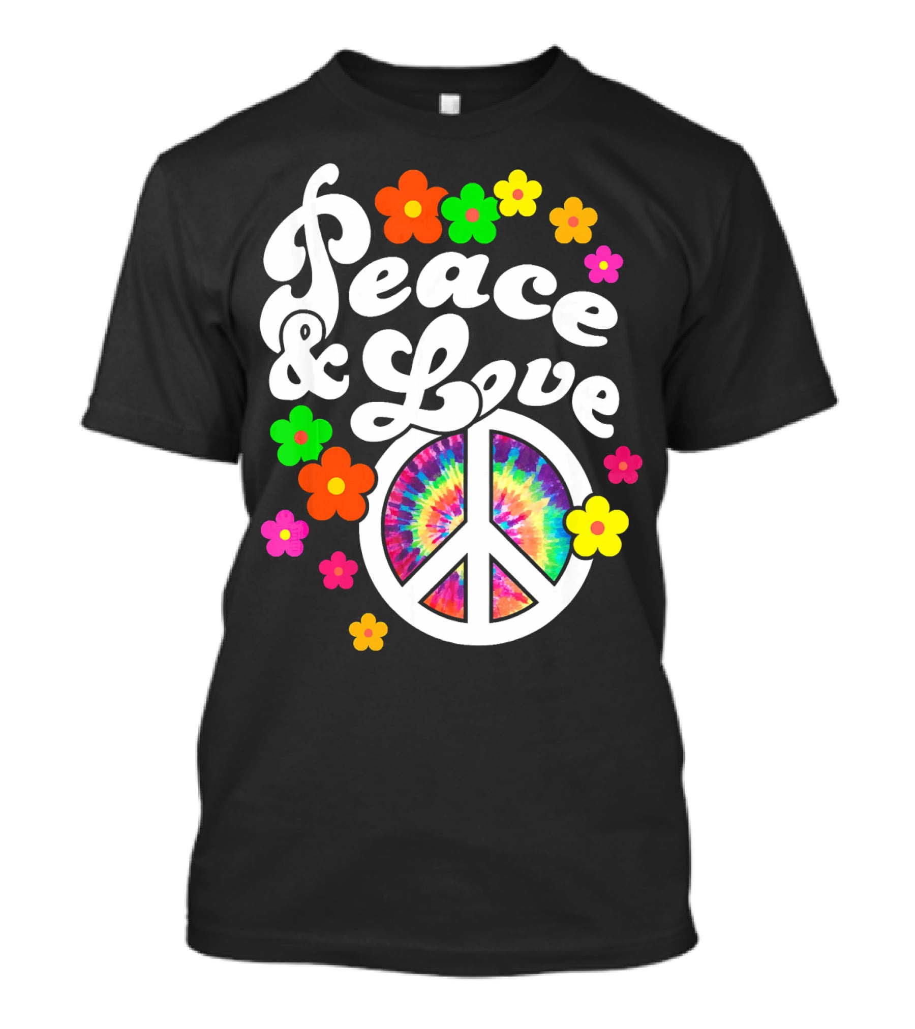 Peace And Love Hippie Sign With Colorful Flower T-Shirt