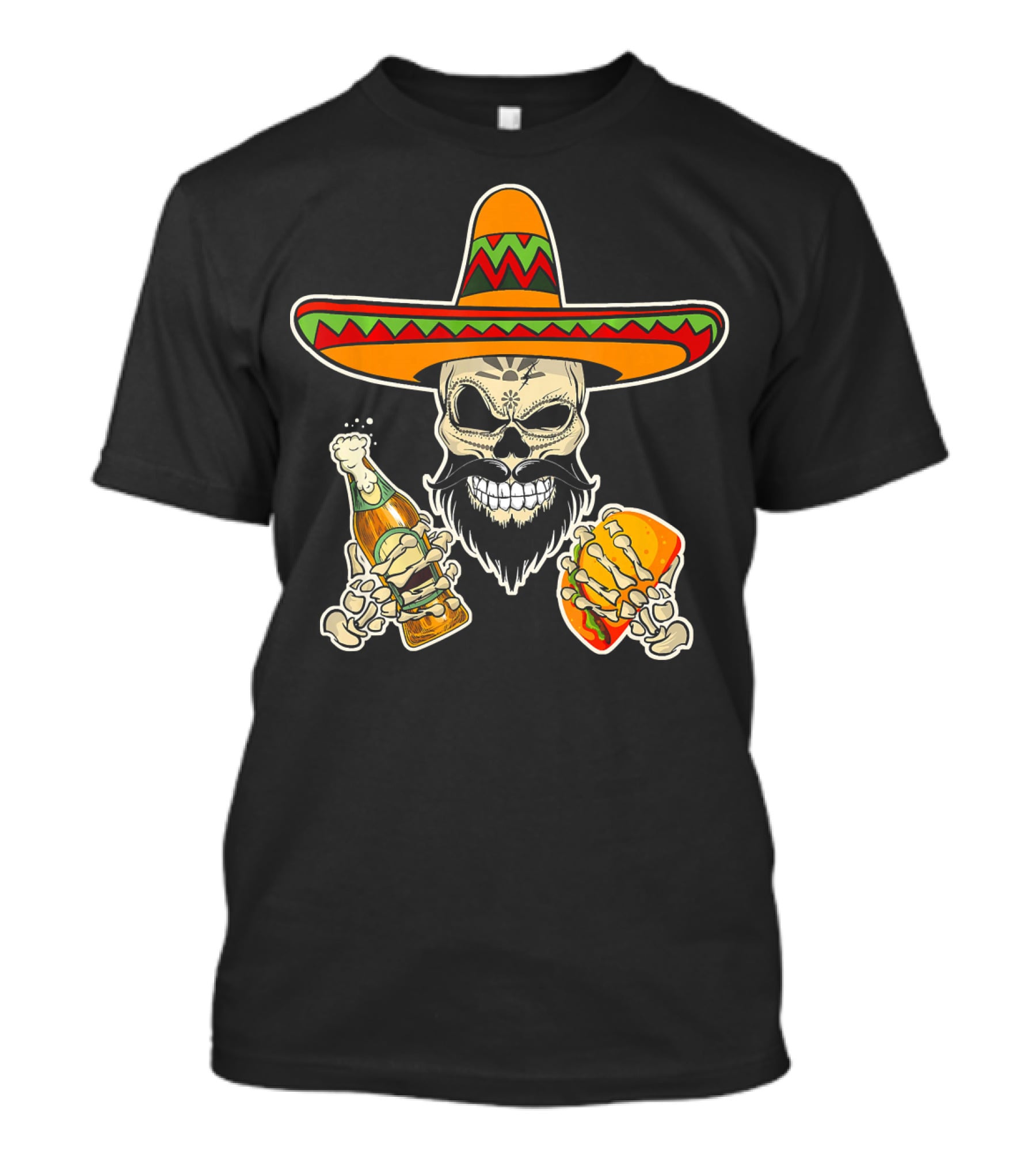 Sombrero-Wearing Sugar Skull With Beer And Tacos T-Shirt