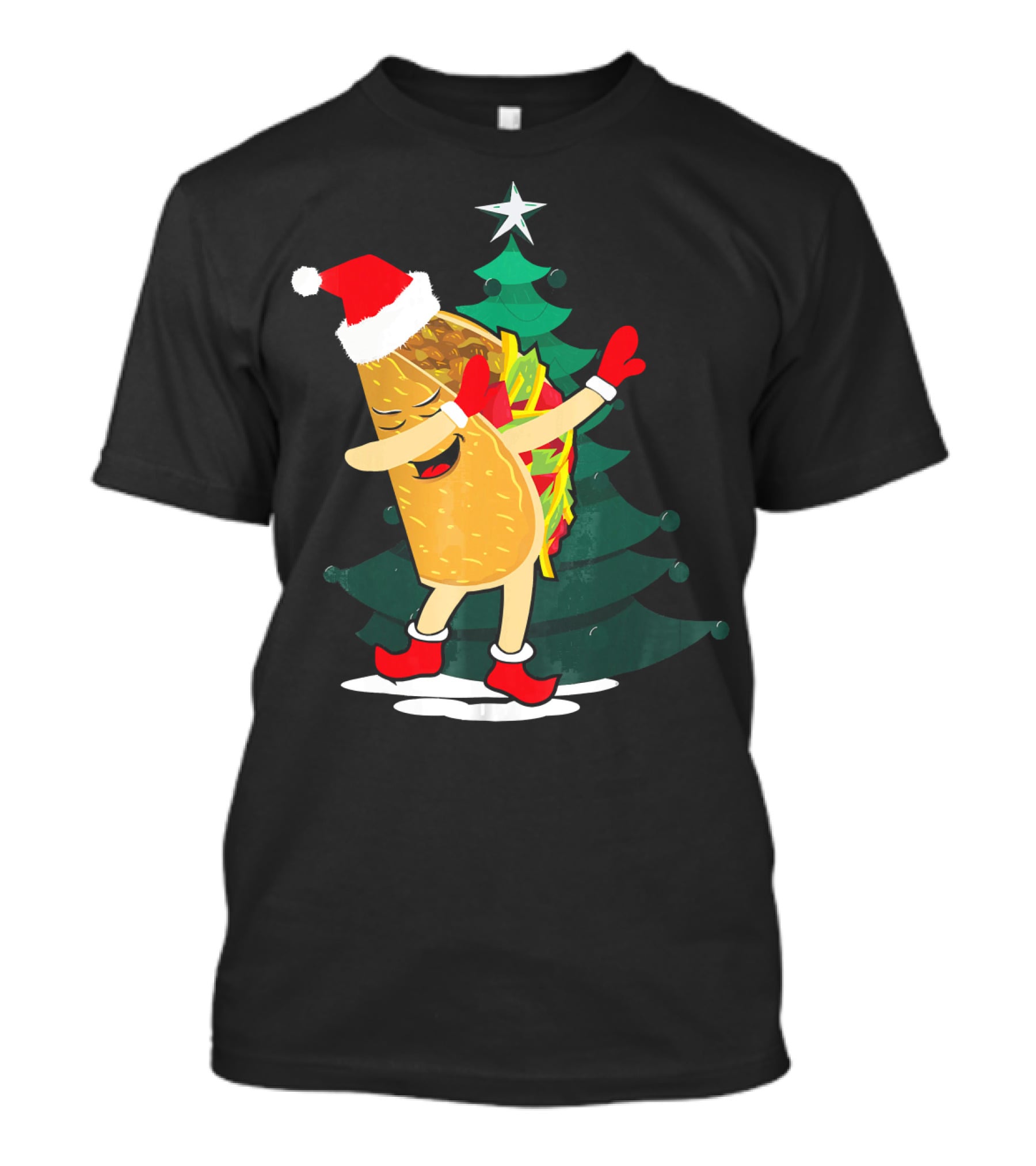 Dabbing Taco Christmas Santa Hat And Tree T-Shirt