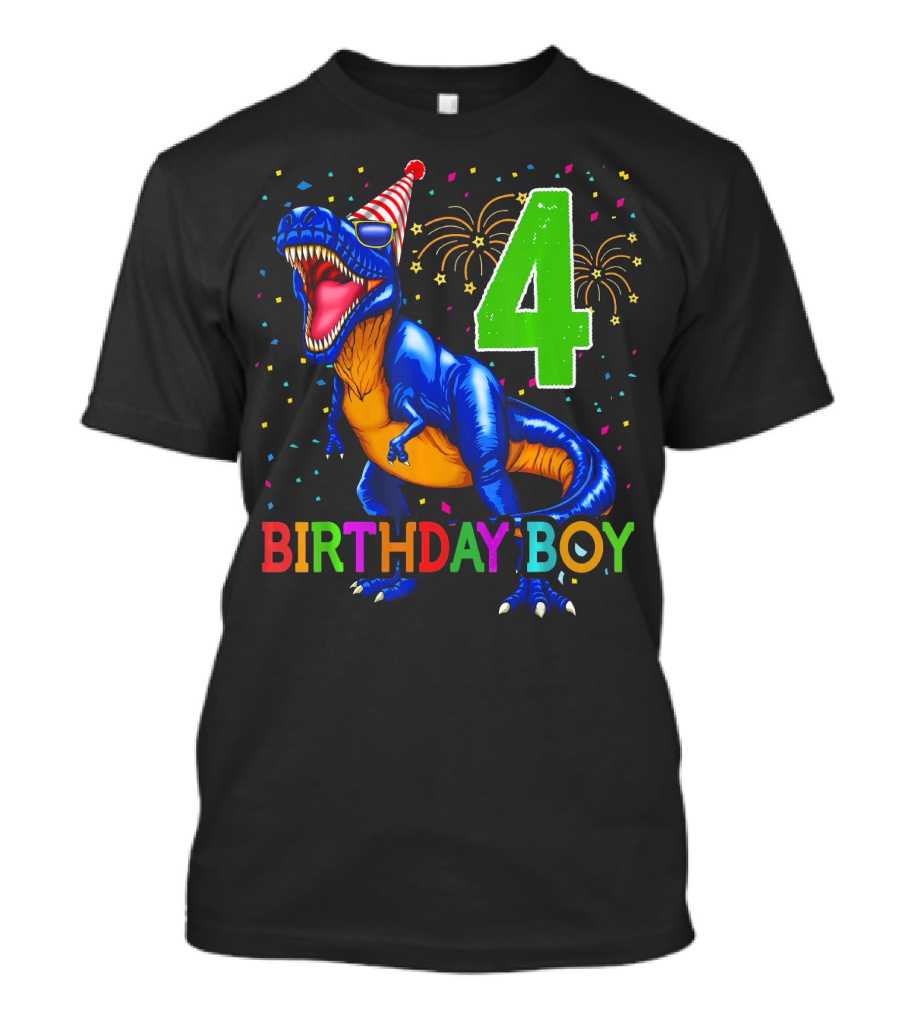 Birthday Boy 4 Dinosaur Party Hat Fireworks T-Shirt