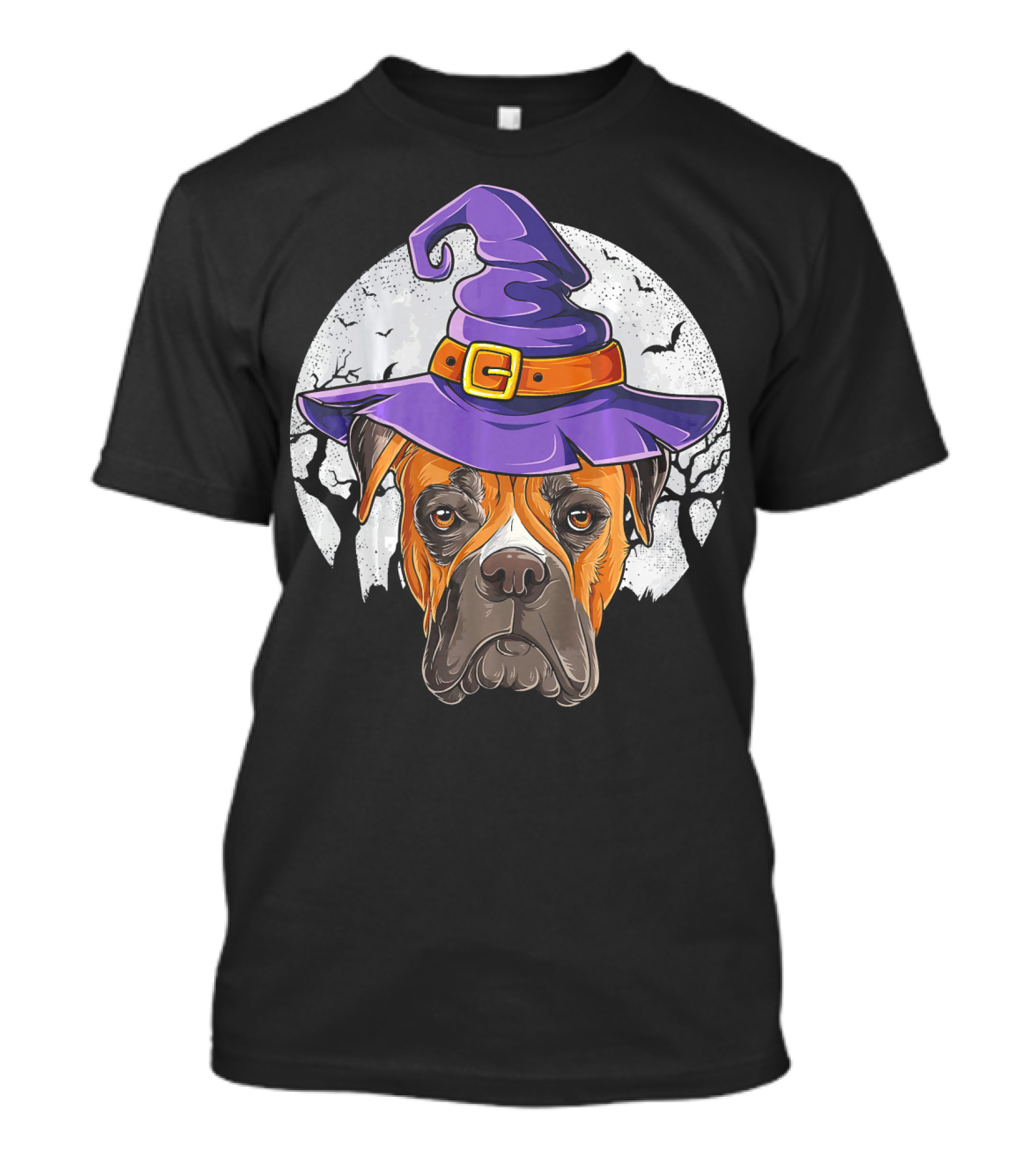 Boxer Dog Wearing Purple Witch Hat Under Full Moon With Bats Halloween T-Shirt