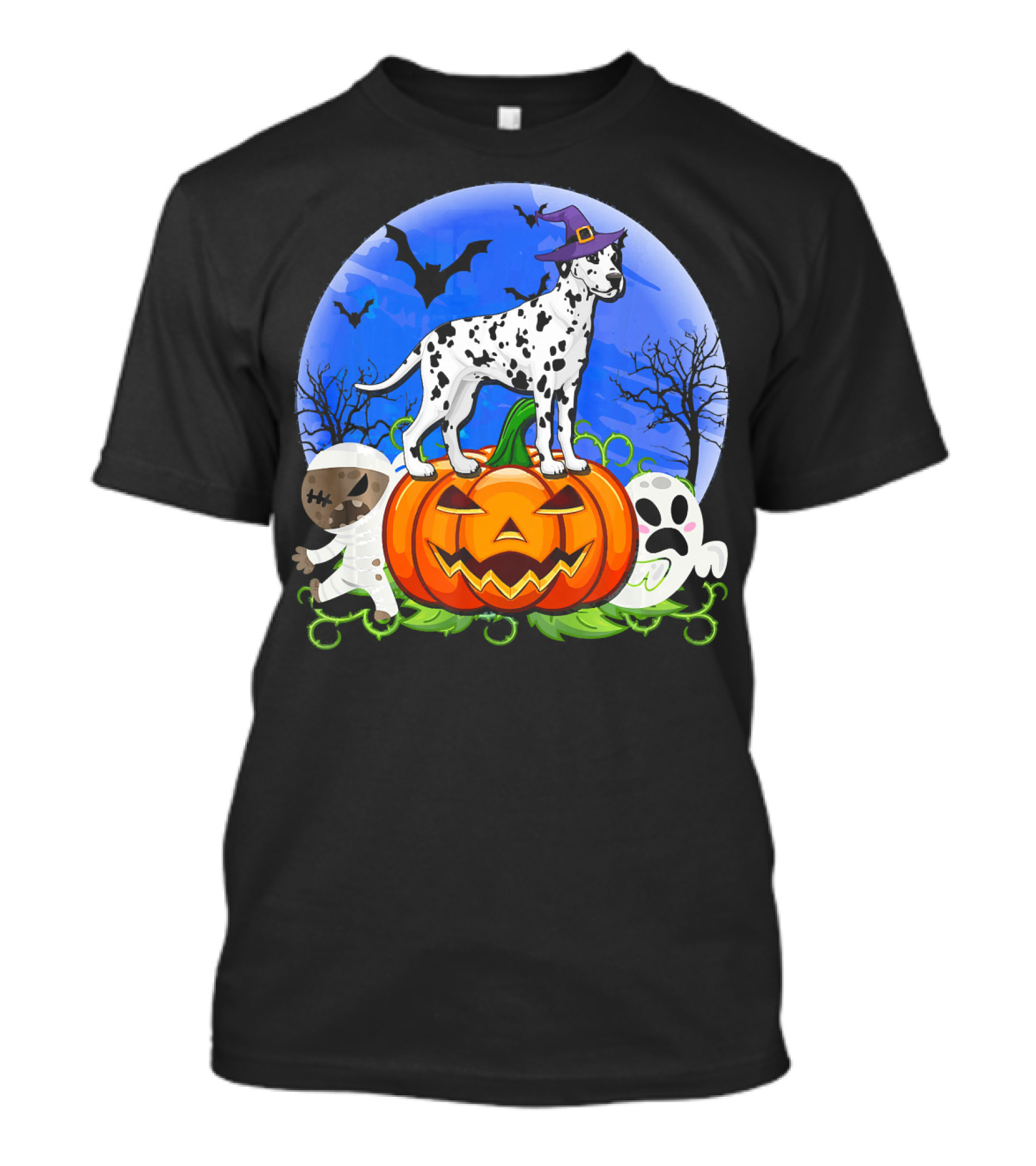 Dalmatian Pumpkin Halloween Mummy Ghost Moon Bats Trees T-Shirt