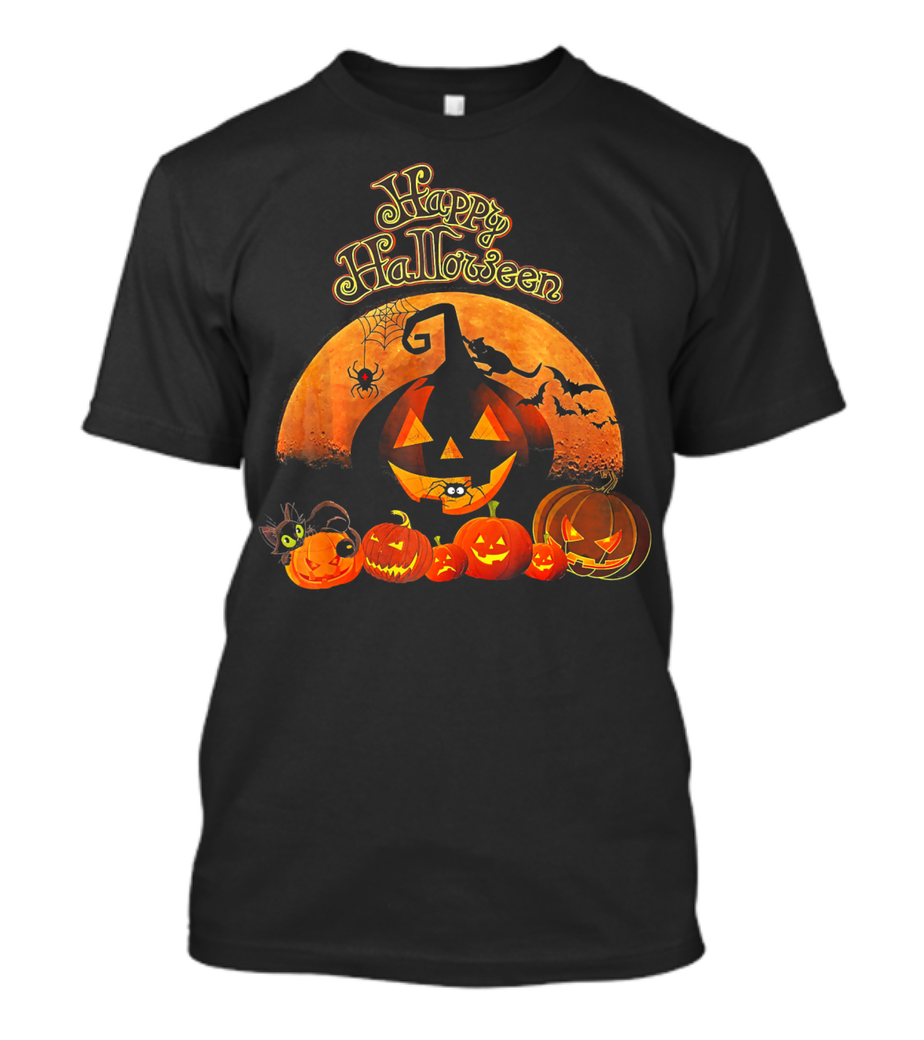 Happy Halloween Pumpkin Black Cat Witch Spider Bats T-Shirt
