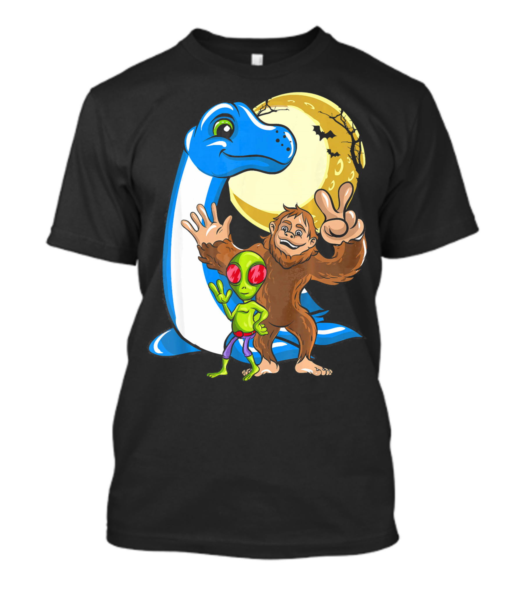 Bigfoot Sasquatch Loch Ness Monster Ness Alien Moon Scene T-Shirt