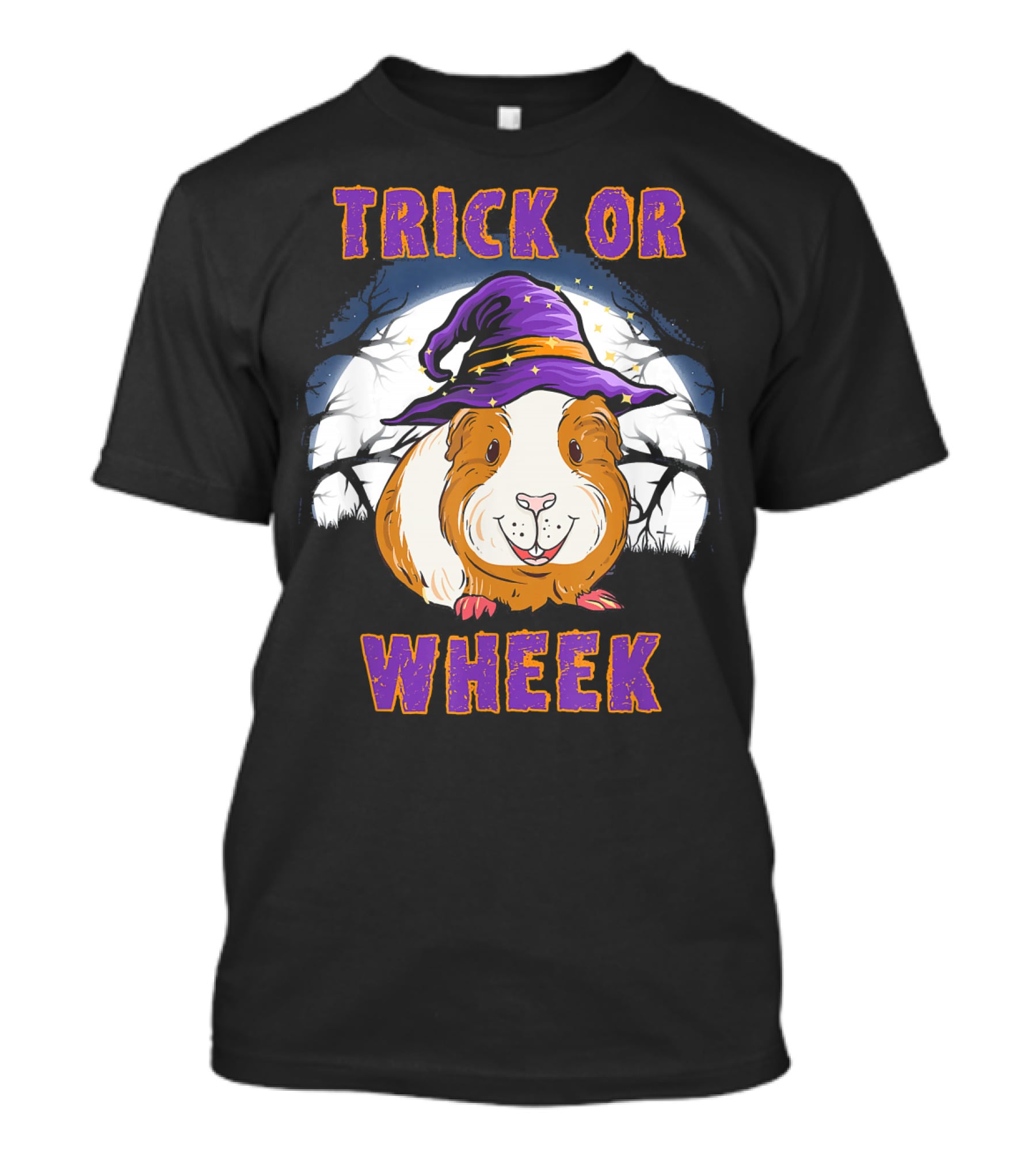 Trick Or Wheek Halloween Guinea Pig With Witch Hat And Moon Background T-Shirt