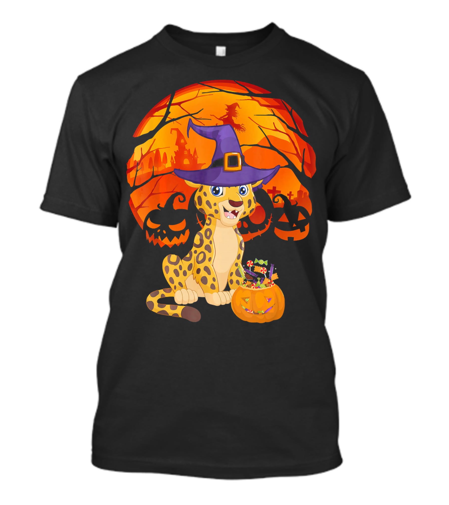 Halloween Costume Leo Witch Hat Leopard Jack-o'-Lantern Moon Shadows T-Shirt