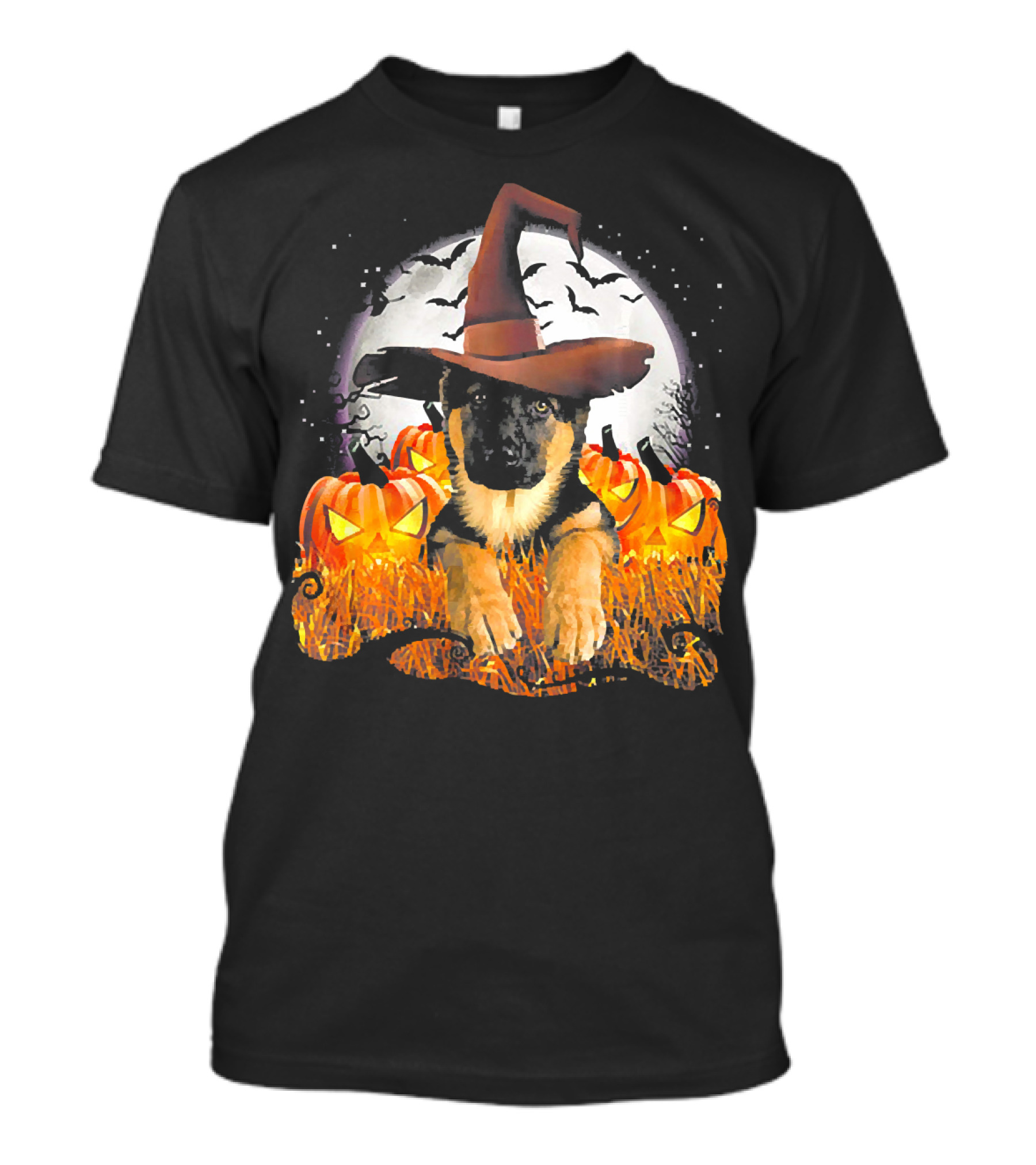 German Shepherd Witch Hat Pumpkins Halloween Moon Bats T-Shirt