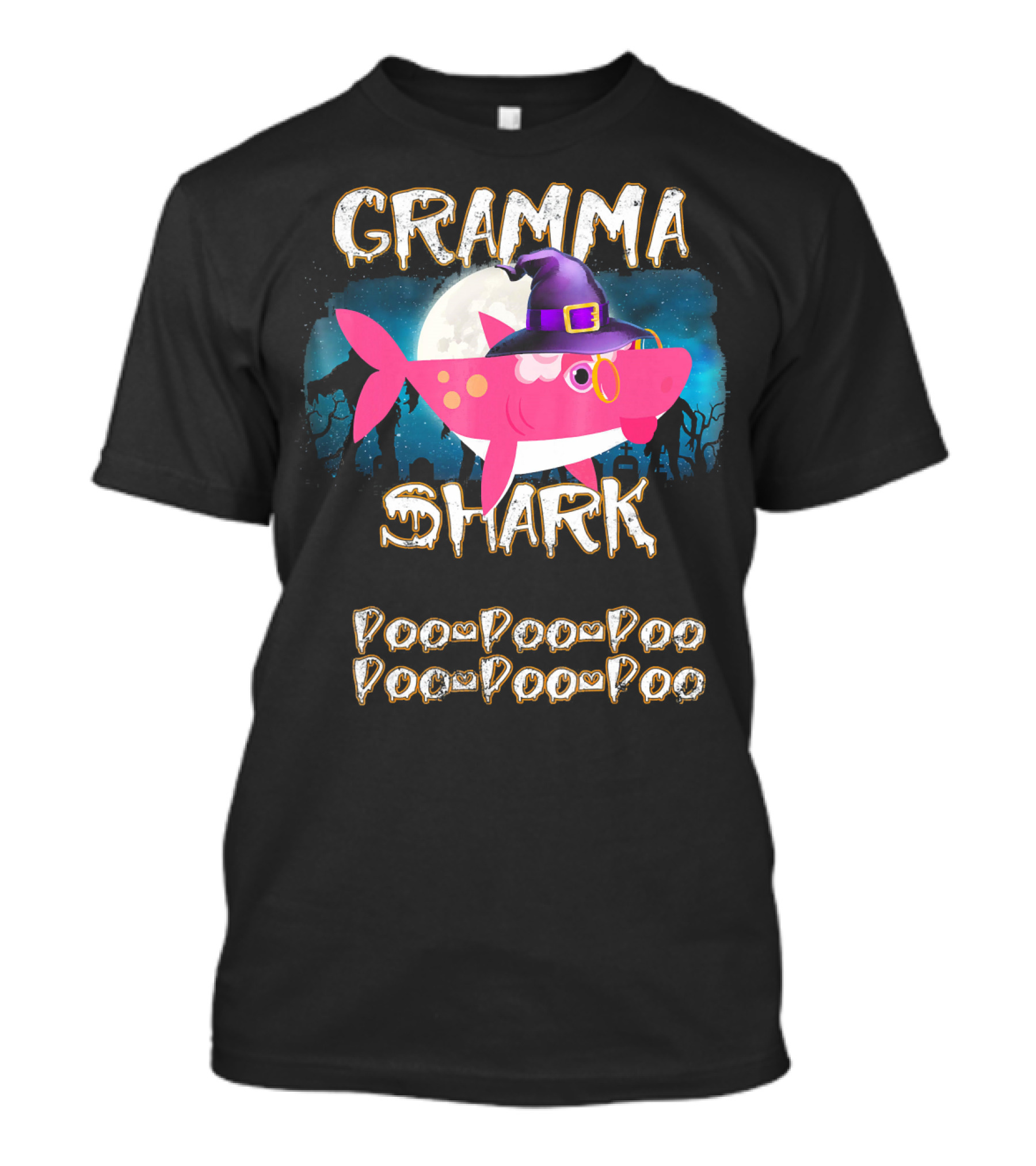 Gramma Shark Doo Doo Doo Halloween Witch Hat And Moon Background T-Shirt