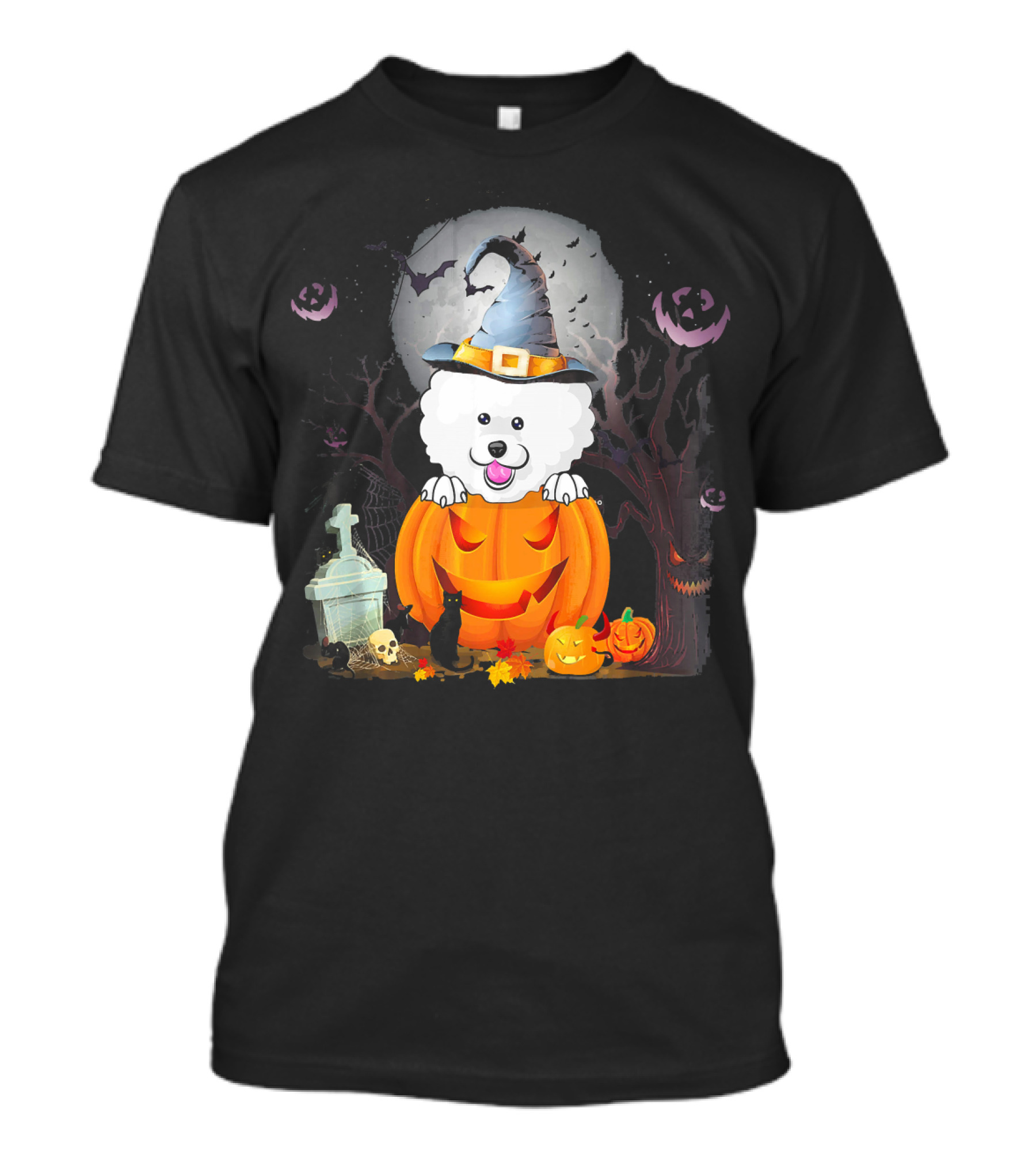 Bichon Frise Dog In Witch Hat With Halloween Pumpkin And Black Cat T-Shirt
