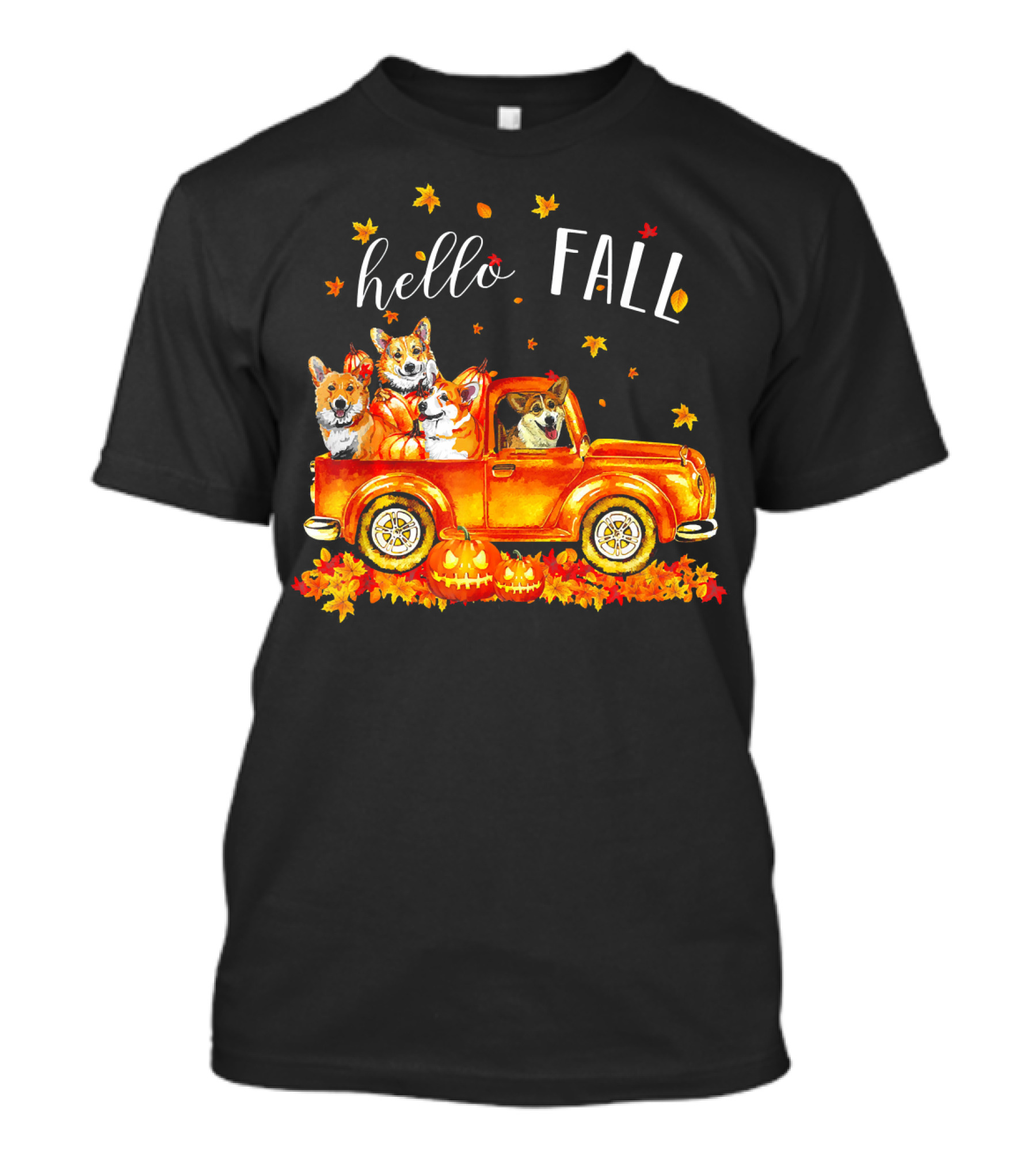Hello Fall Corgis In Truck With Pumpkins And Leaves T-Shirt