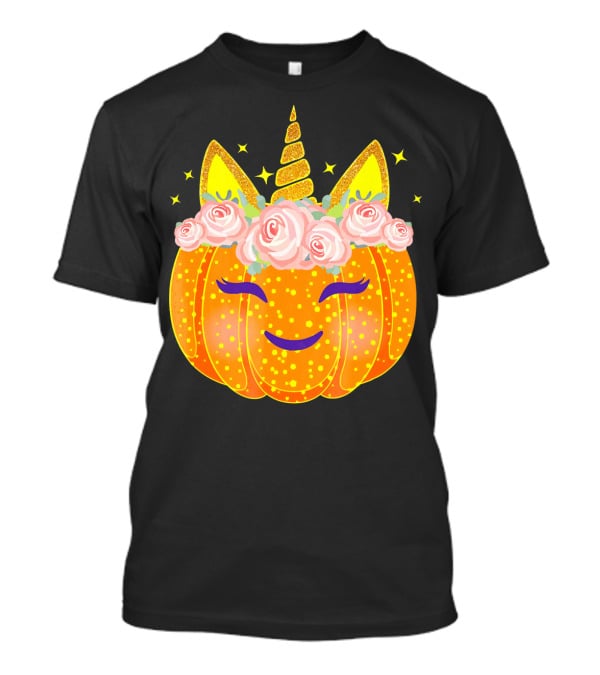Smiling Unicorn Pumpkin With Flowers And Stars T-Shirt