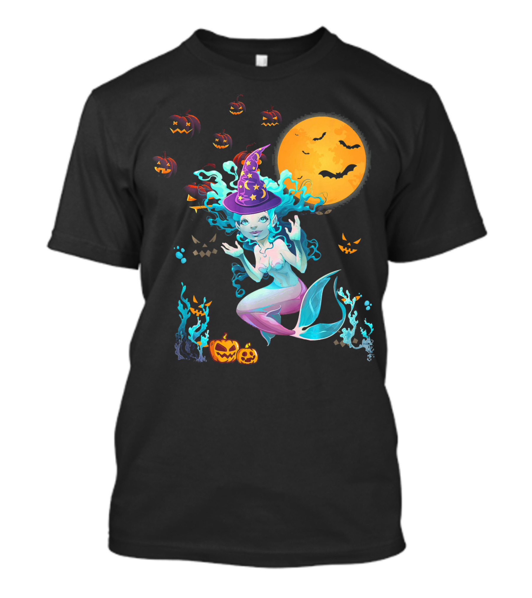 Halloween Mermaid Witch With Pumpkin Lanterns And Moon T-Shirt