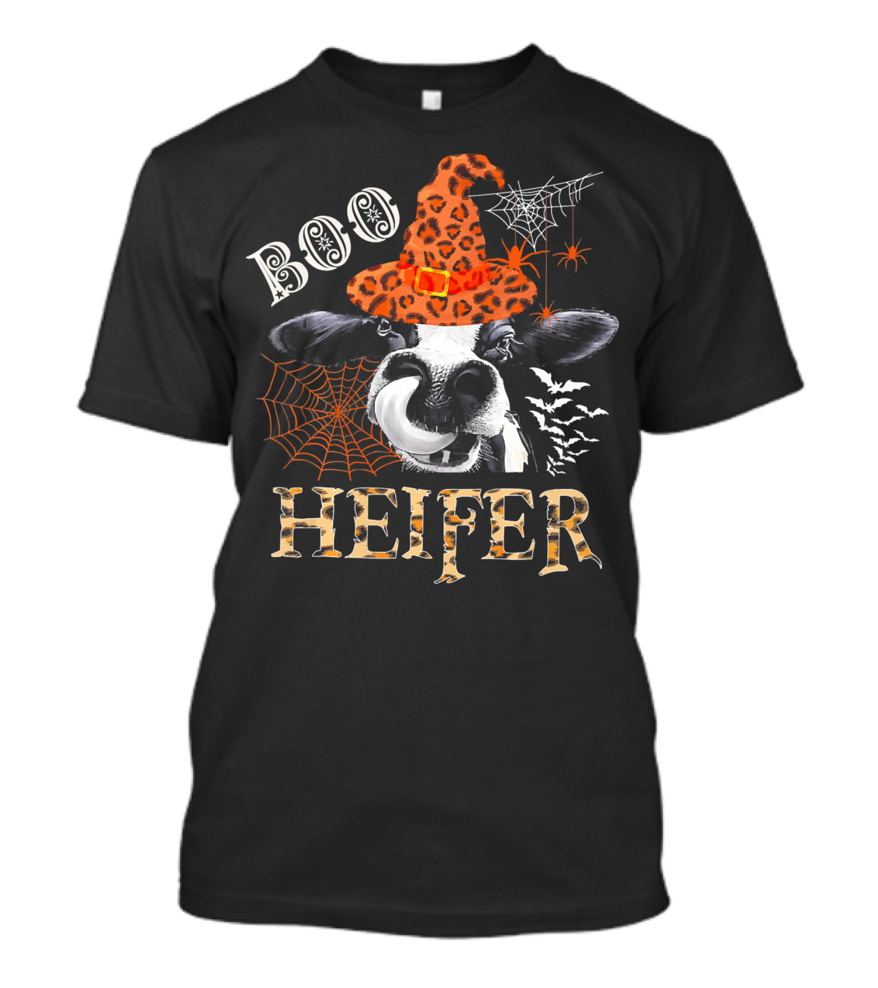 Boo Heifer Cute Leopard Cow Witch Halloween Spiders Bats Webs T-Shirt
