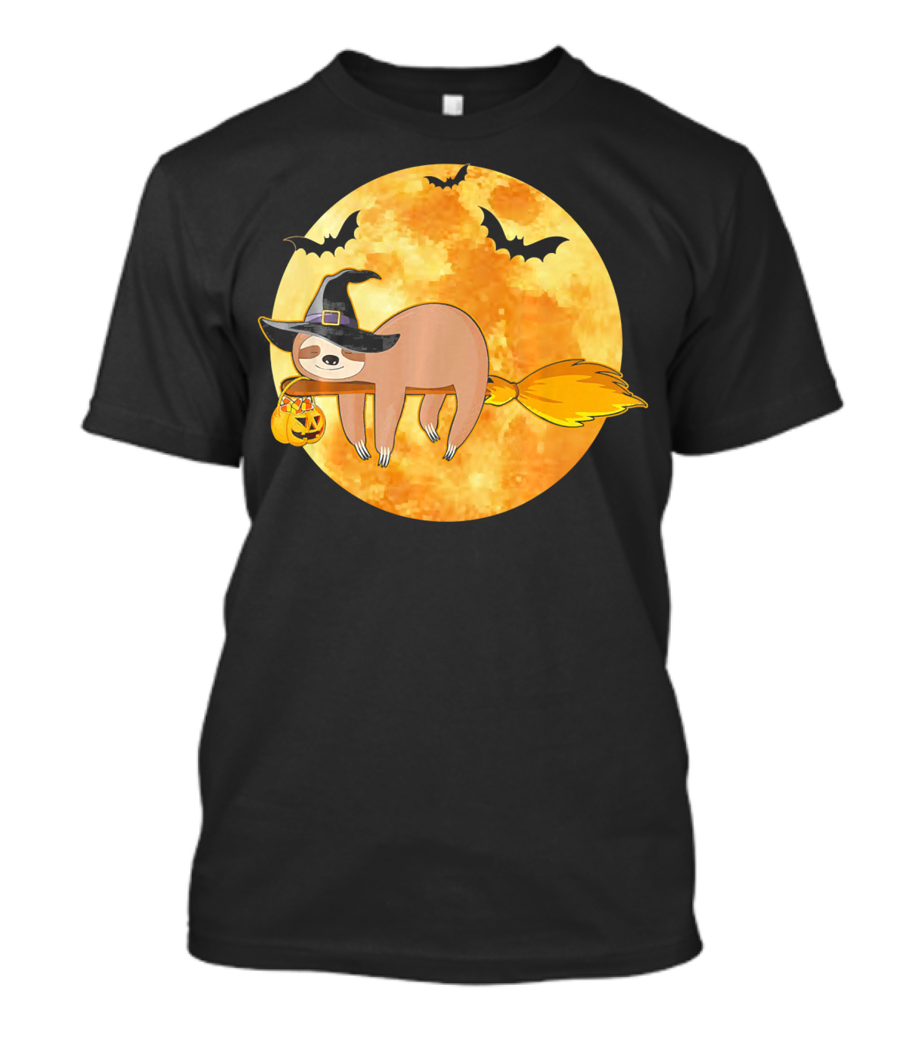 Lazy Sloth Riding Witches Broom With Pumpkin And Full Moon Background T-Shirt