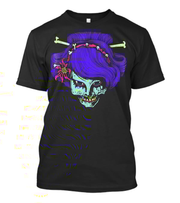 Zombie Geisha Skull With Purple Hair And Bone Hairpins T-Shirt