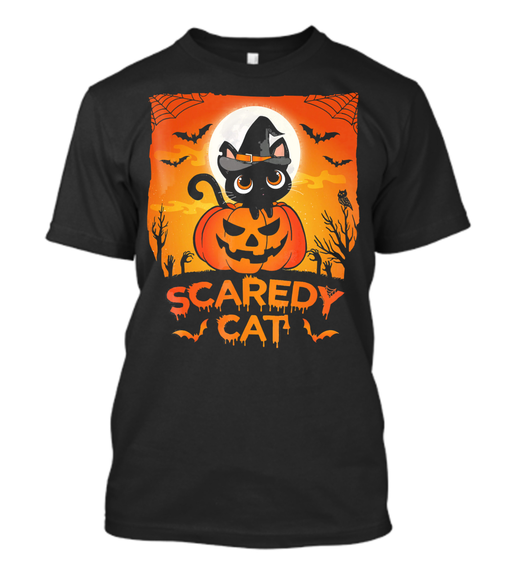 Scaredy Cat Halloween Kitten On Pumpkin With Witch Hat And Bats T-Shirt