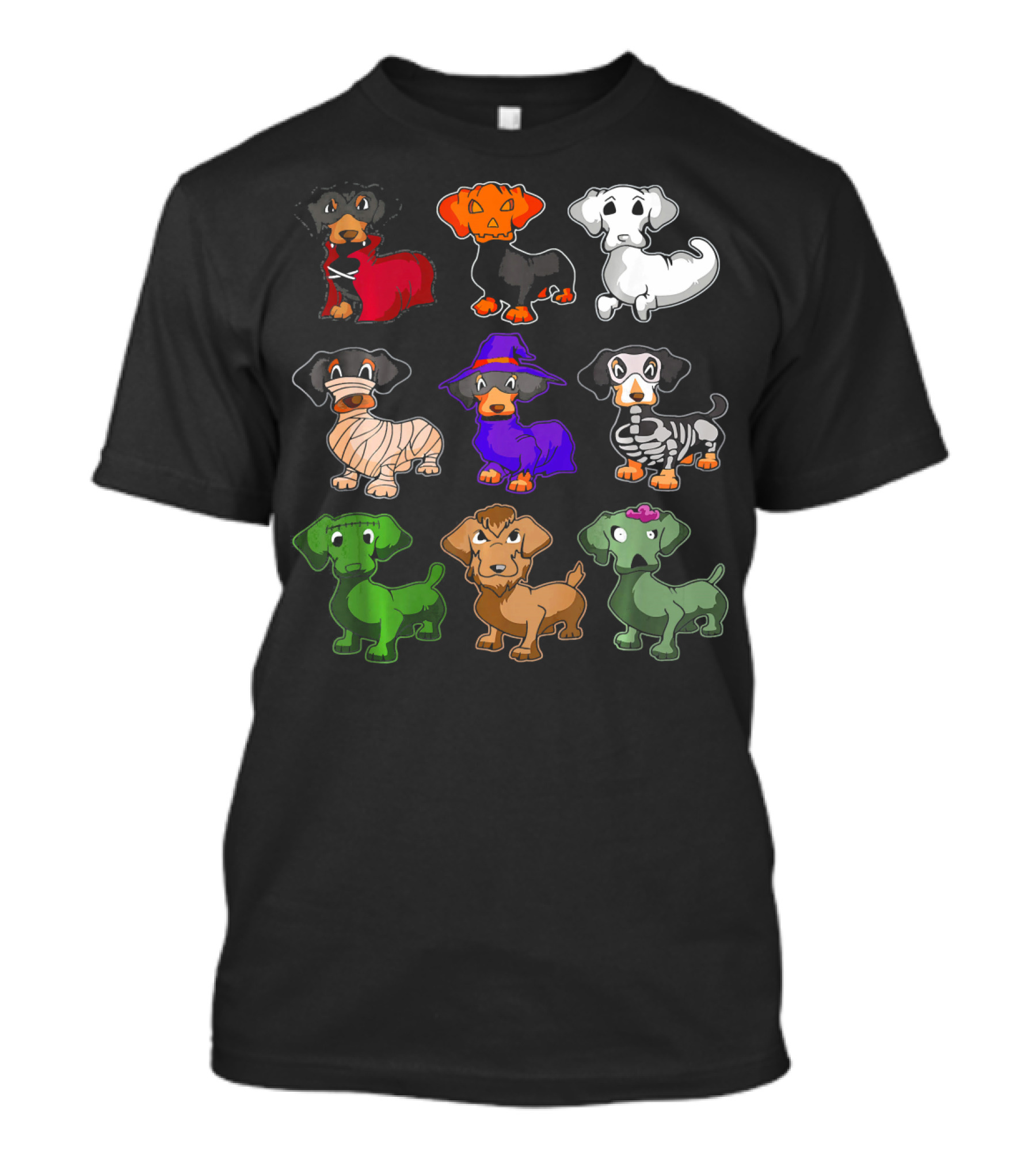 Dachshund Halloween Costumes Dracula Pumpkin Ghost Mummy Witch Skeleton Zombie Frankenstein T-Shirt