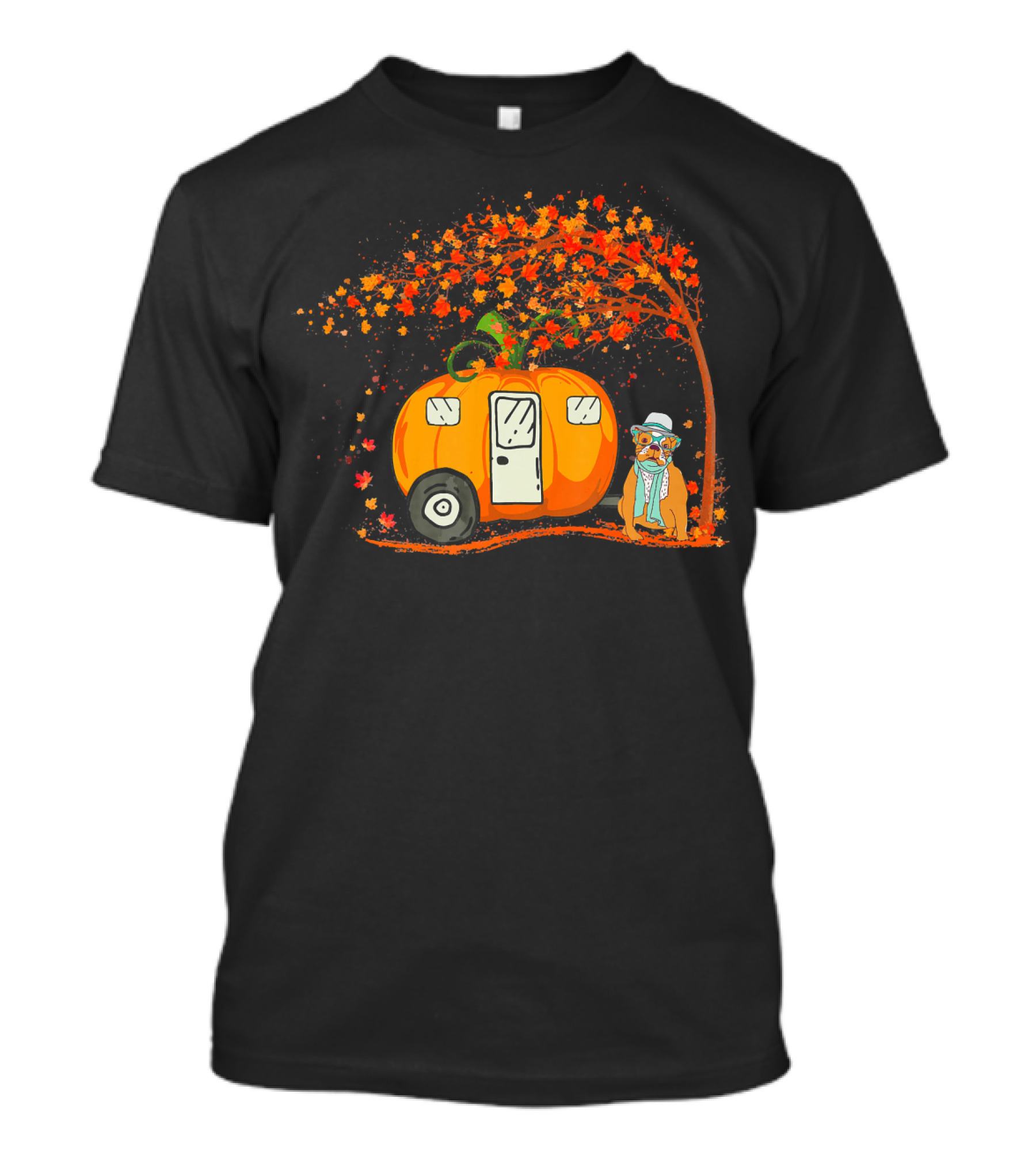 Bulldog With Pumpkin Camping Van Under Autumn Tree T-Shirt
