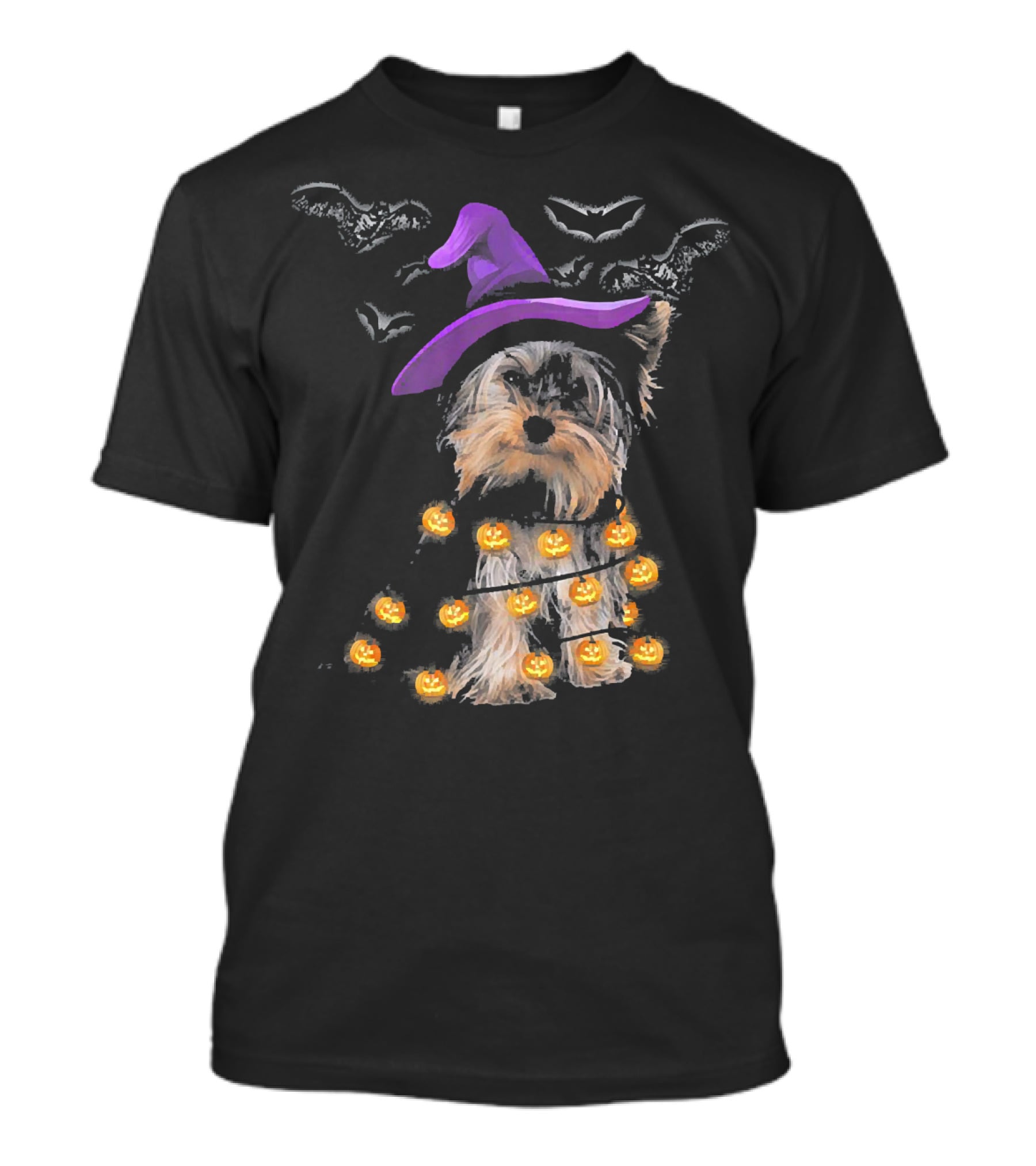 Yorkie In Witch Hat With Pumpkin Lights And Bats T-Shirt