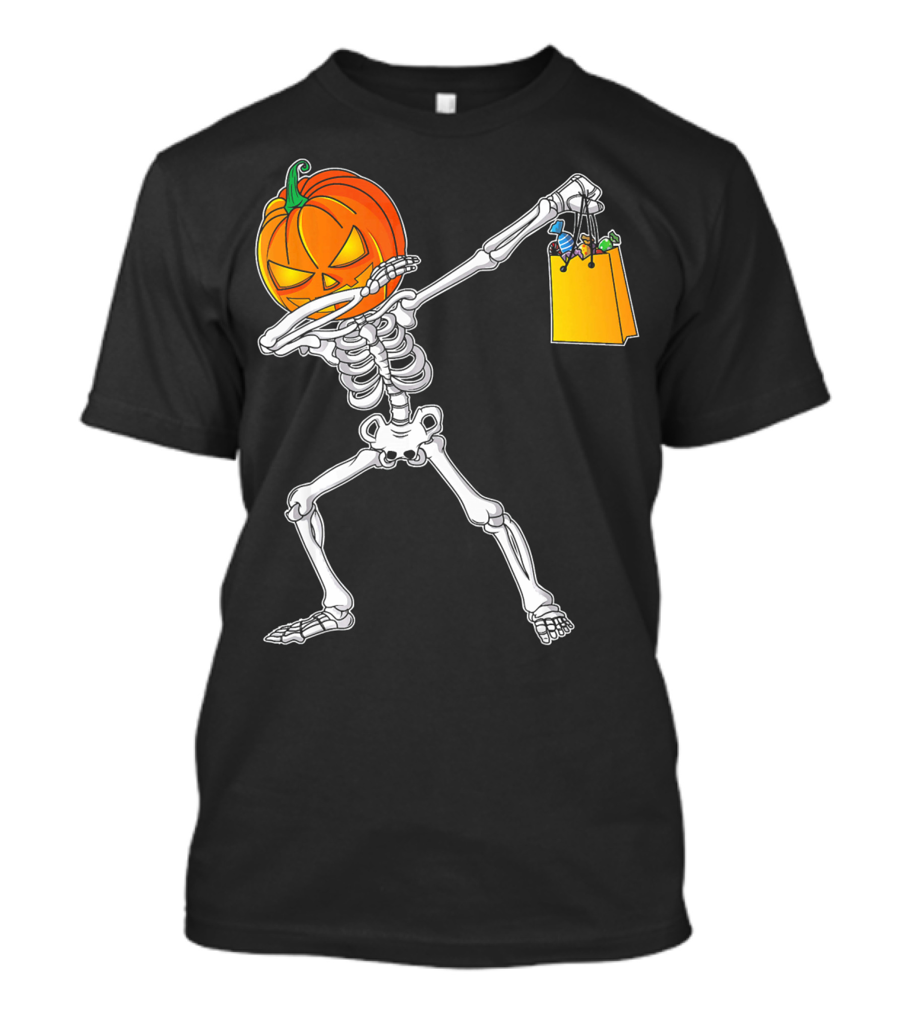 Halloween Kids Pumpkin Skeleton Dabbing With Candy Bag T-Shirt