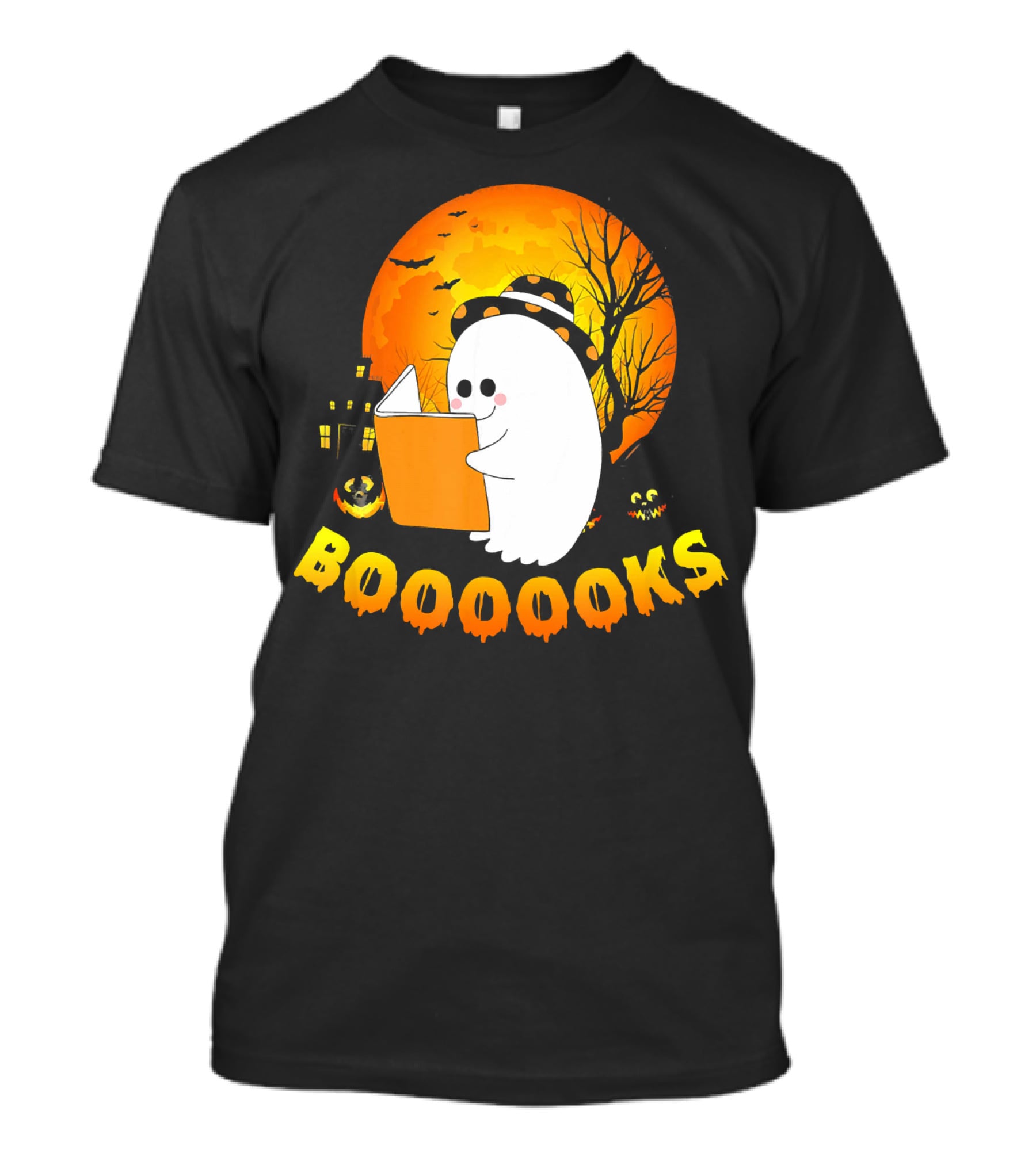 Booooooks Cute Ghost Reading Halloween Book Full Moon Scene T-Shirt