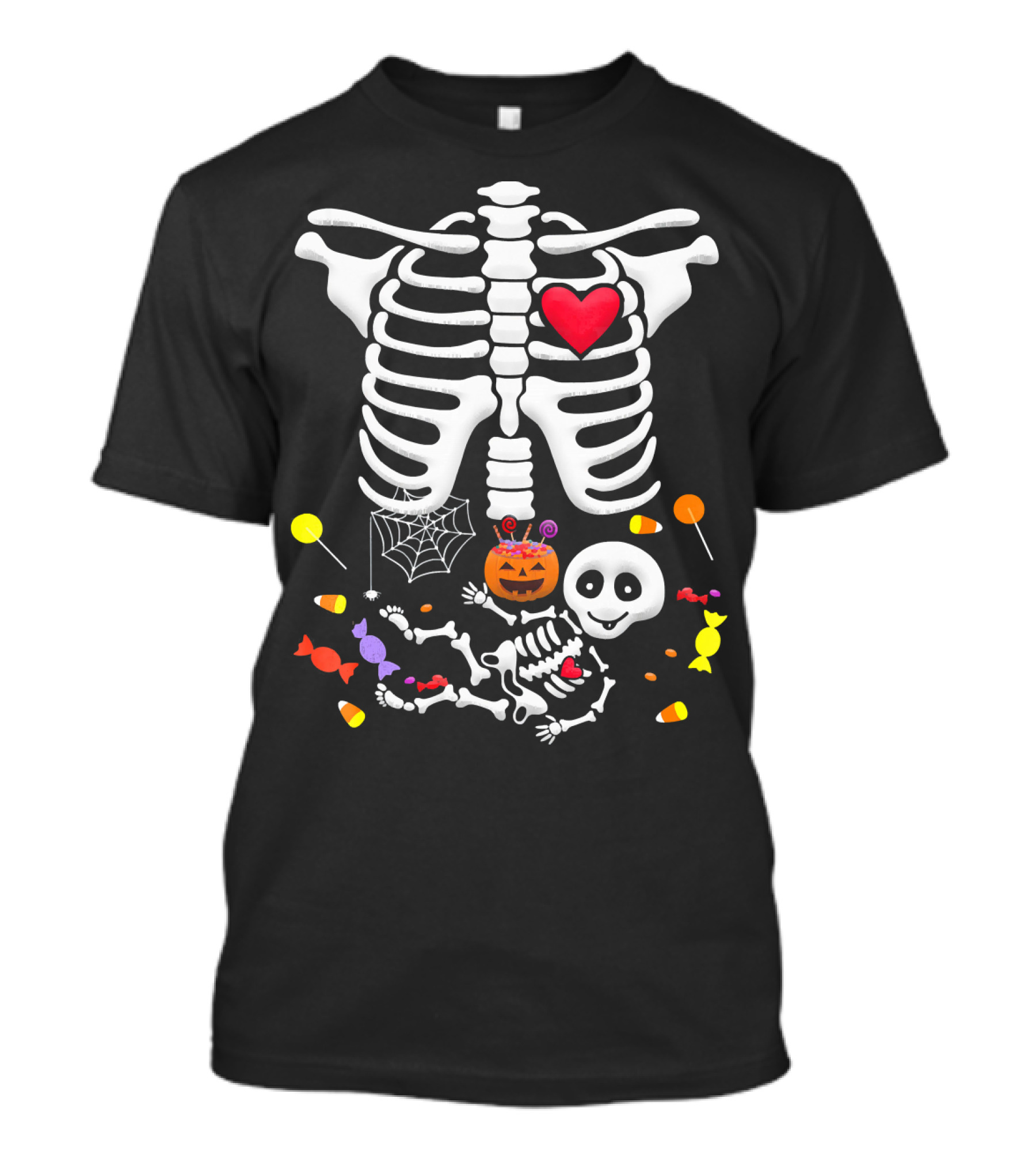 Pregnant Skeleton Heart Candy Pumpkin Halloween T-Shirt