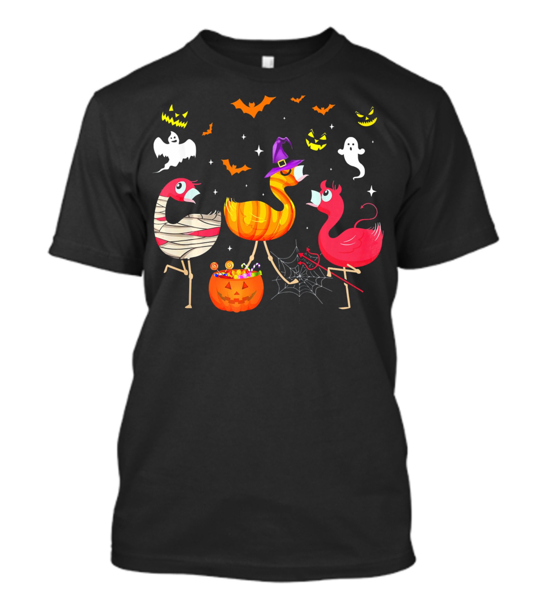 Flamingo Happy Halloween Ghosts And Pumpkins T-Shirt