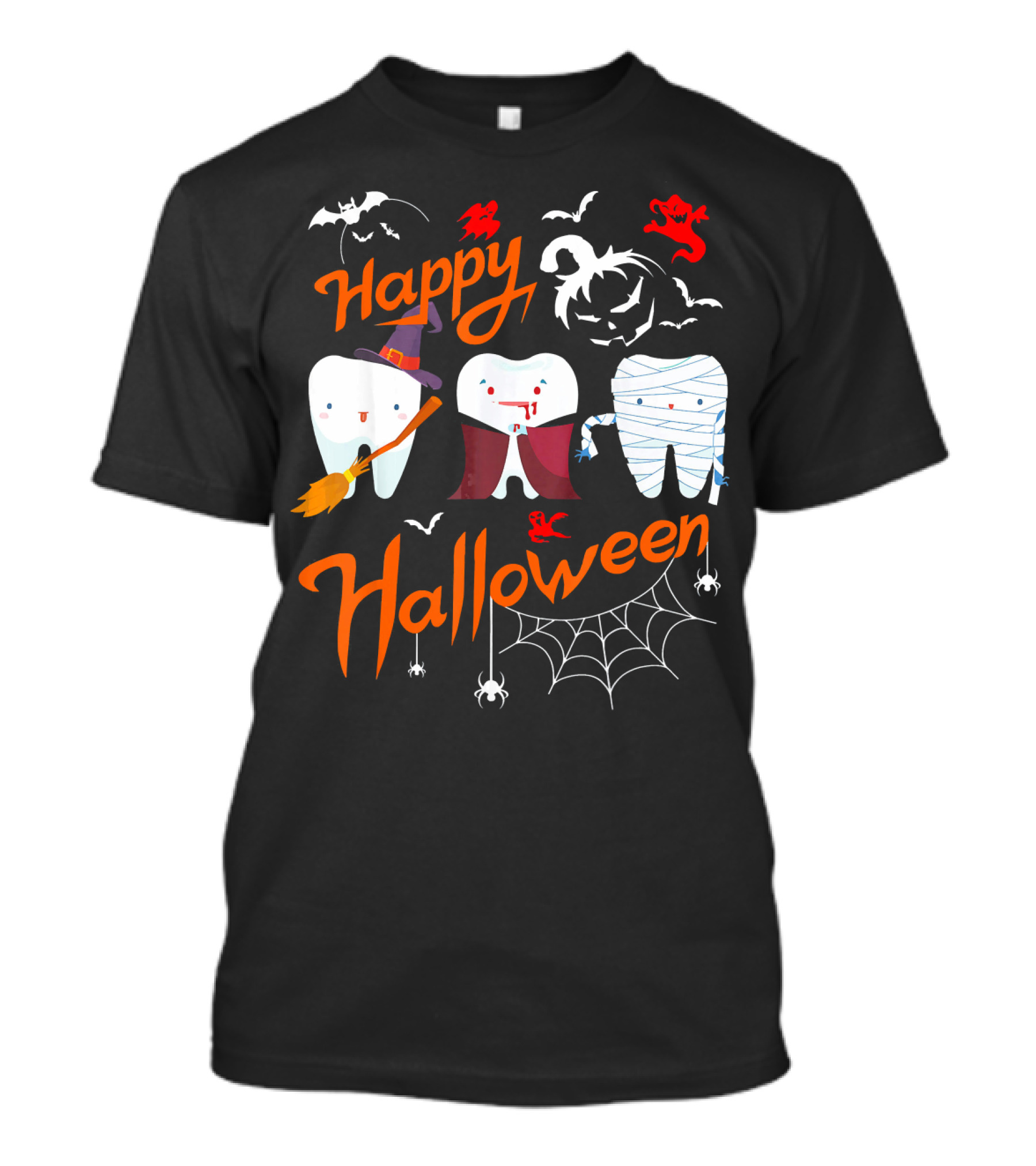 Happy Halloween Witch Vampire Mummy Teeth With Bats And Spiderweb T-Shirt