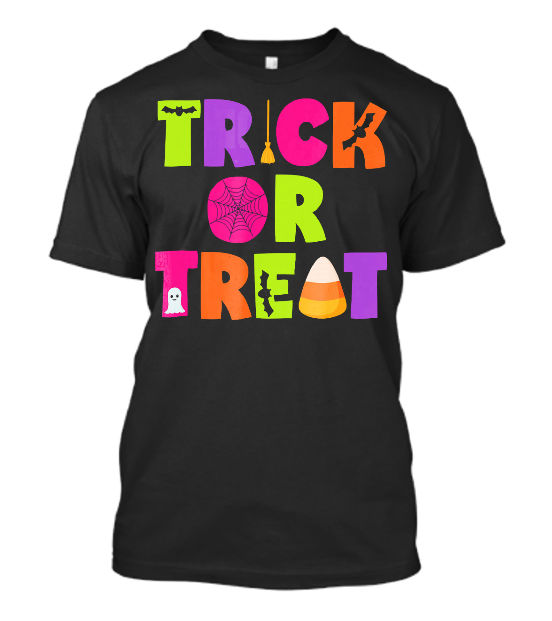 Trick Or Treat Bat Broom Spiderweb Ghost Candy Corn Halloween T-Shirt