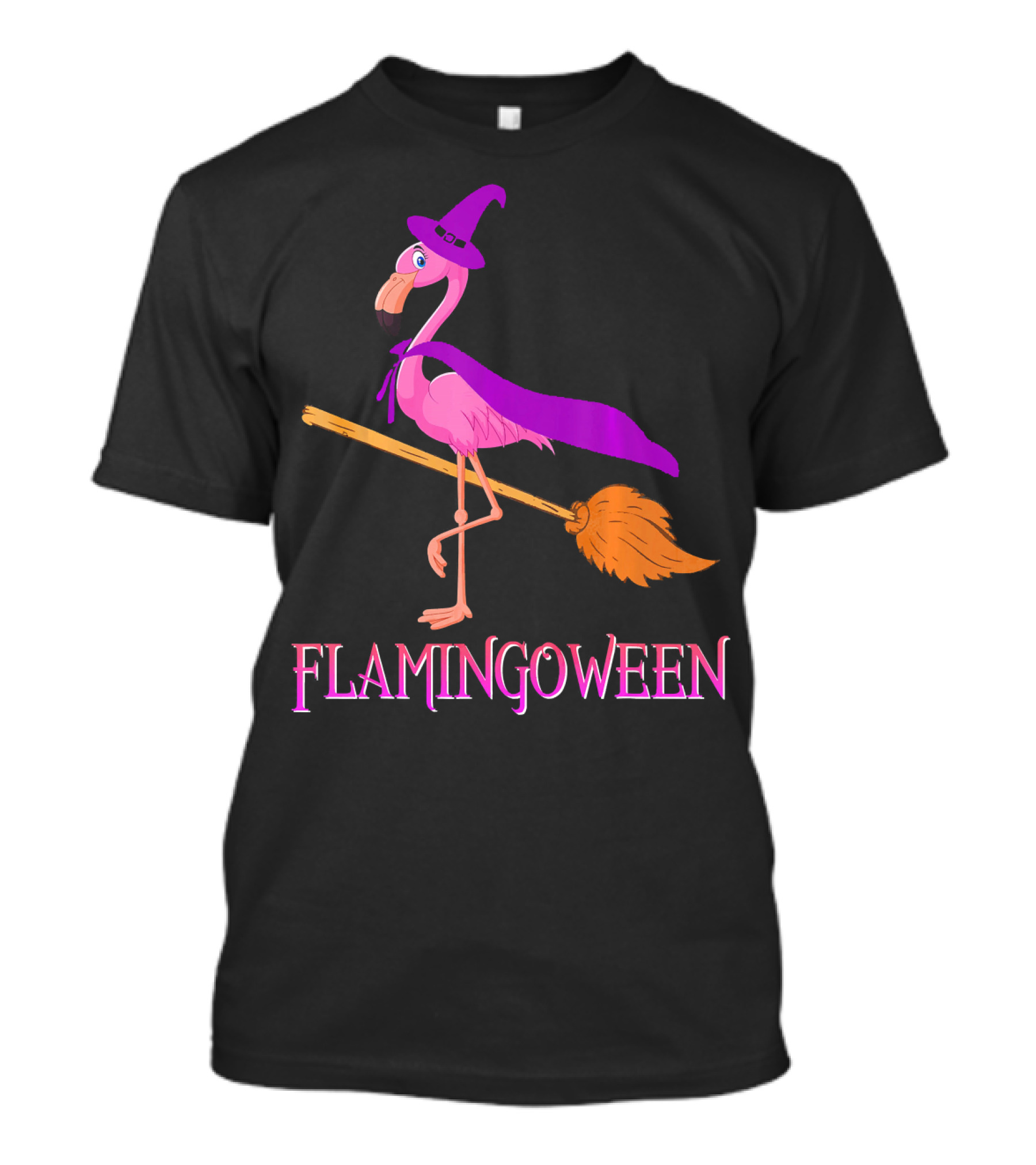 Flamingoween Witch Flamingo Riding Broomstick T-Shirt
