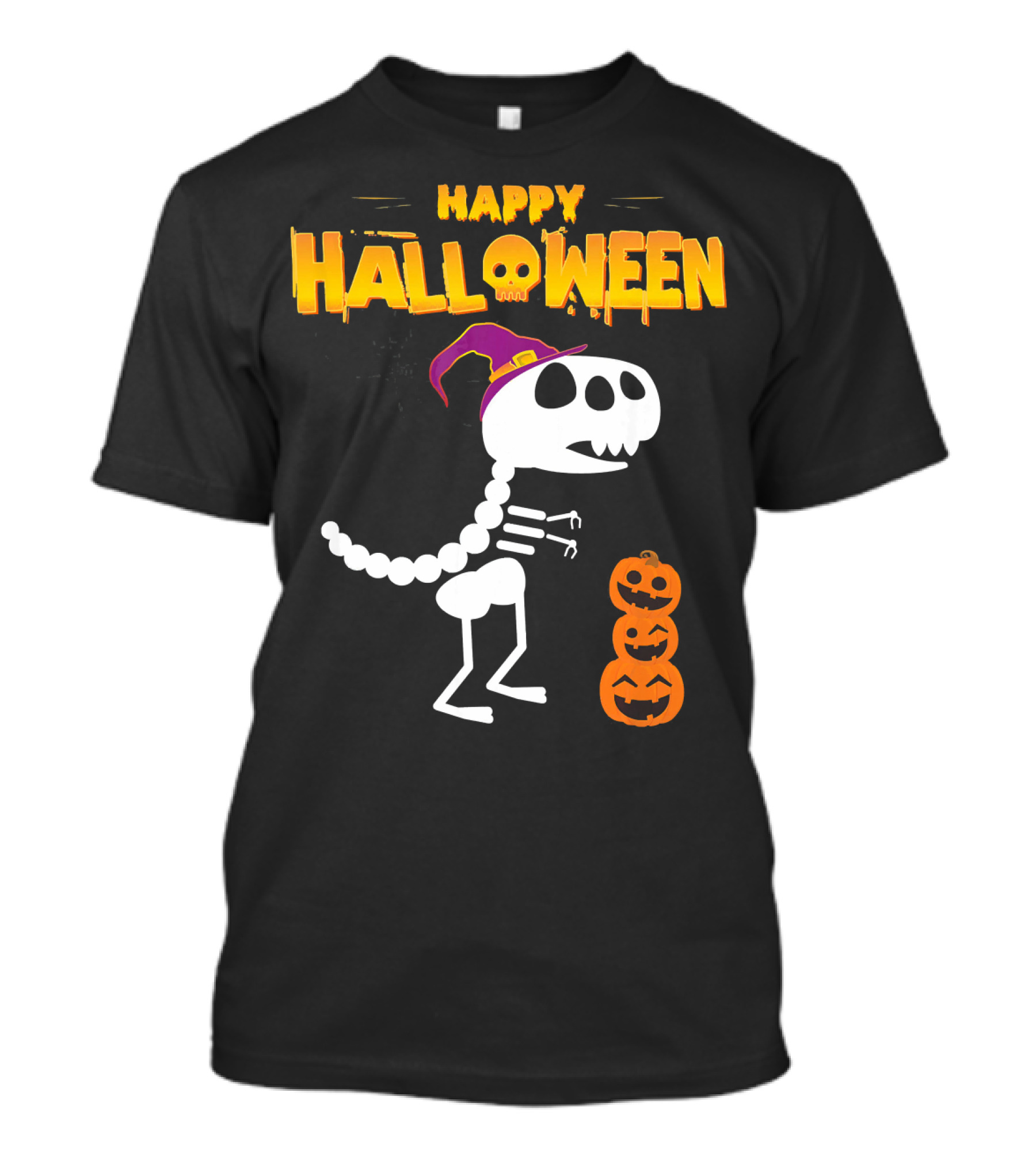 Happy Halloween Funny Rex Skeleton With Witch Hat And Pumpkins T-Shirt